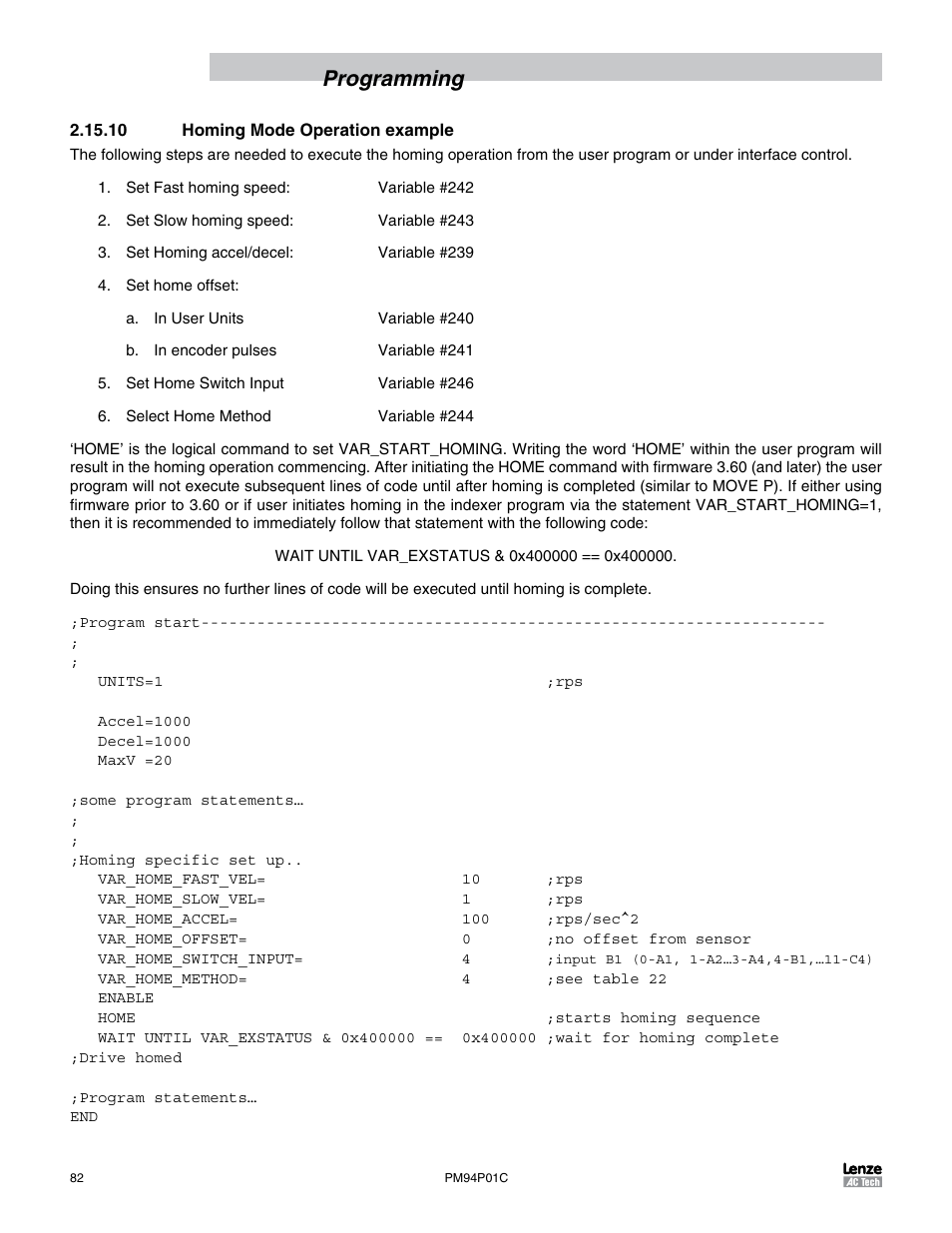 10 homing mode operation example, Programming | Lenze PM94P01C User Manual | Page 84 / 134