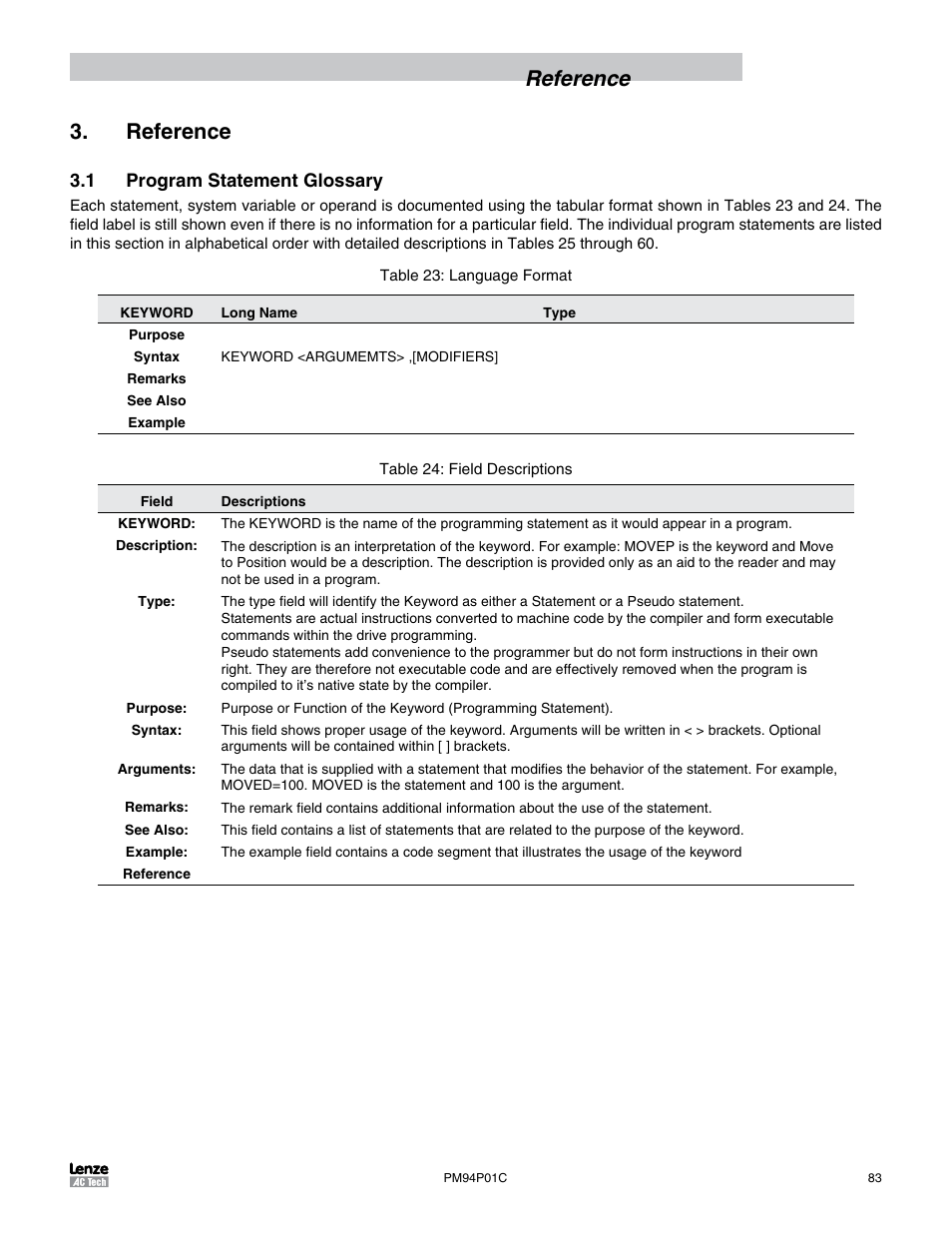 Reference, 1 program statement glossary, Reference 3. reference | Lenze PM94P01C User Manual | Page 85 / 134