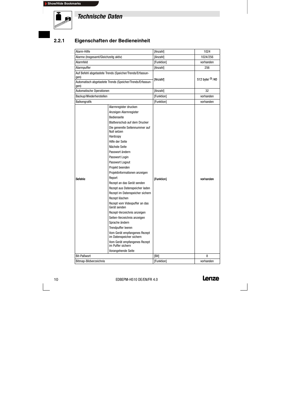 1 eigenschaften der bedieneinheit, Eigenschaften der bedieneinheit, Technische daten | Lenze EPM-H510 User Manual | Page 10 / 118