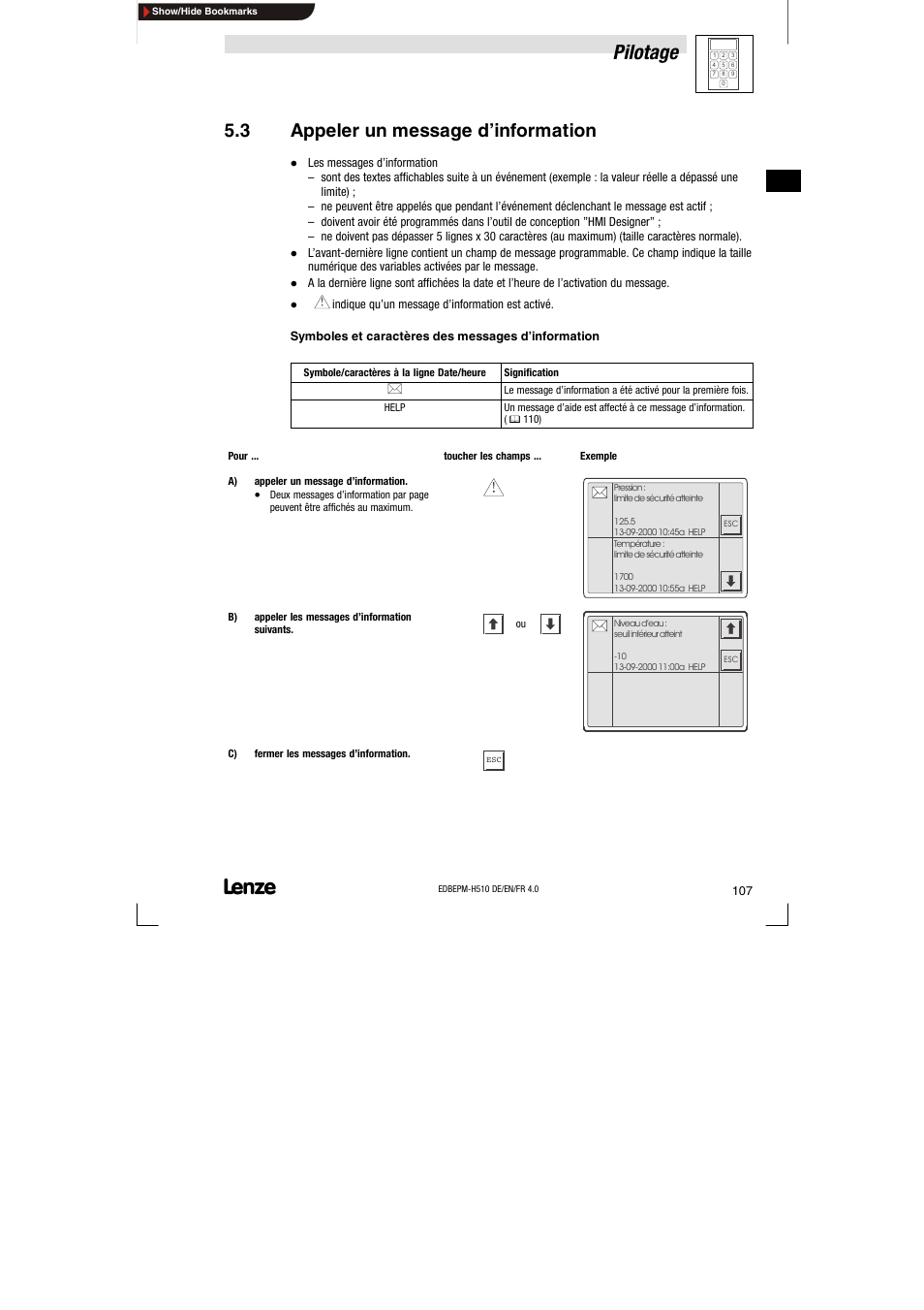3 appeler un message d'information, Appeler un message d’information, Pilotage | 3 appeler un message d’information | Lenze EPM-H510 User Manual | Page 107 / 118