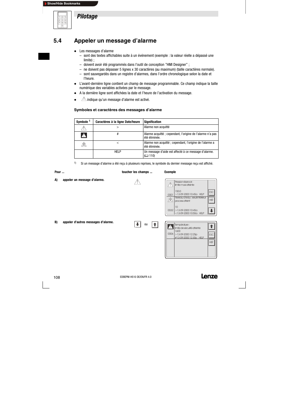 4 appeler un message d'alarme, Appeler un message d’alarme, Pilotage | 4 appeler un message d’alarme | Lenze EPM-H510 User Manual | Page 108 / 118