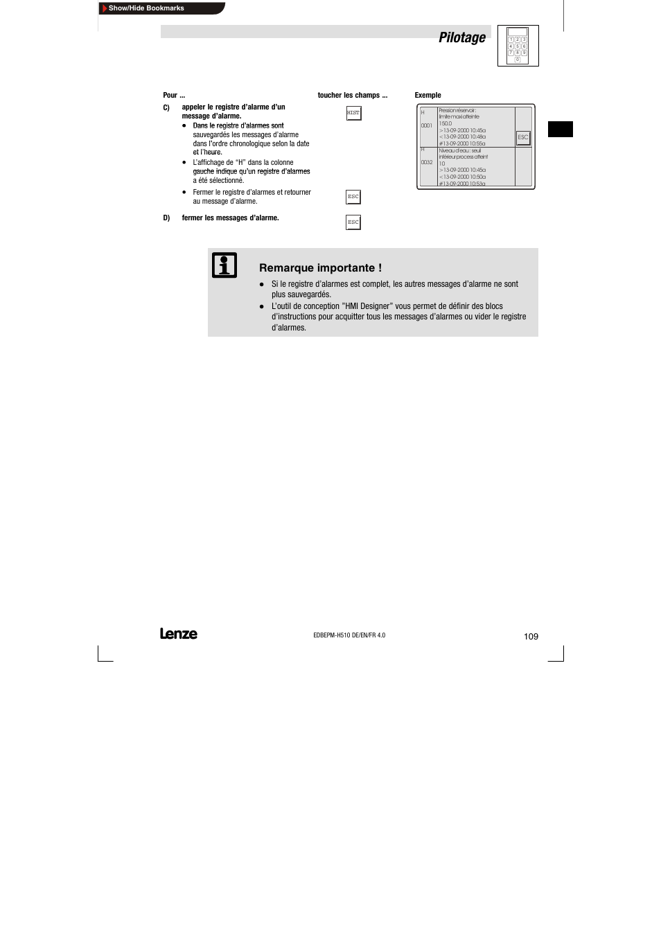 Pilotage, Remarque importante | Lenze EPM-H510 User Manual | Page 109 / 118