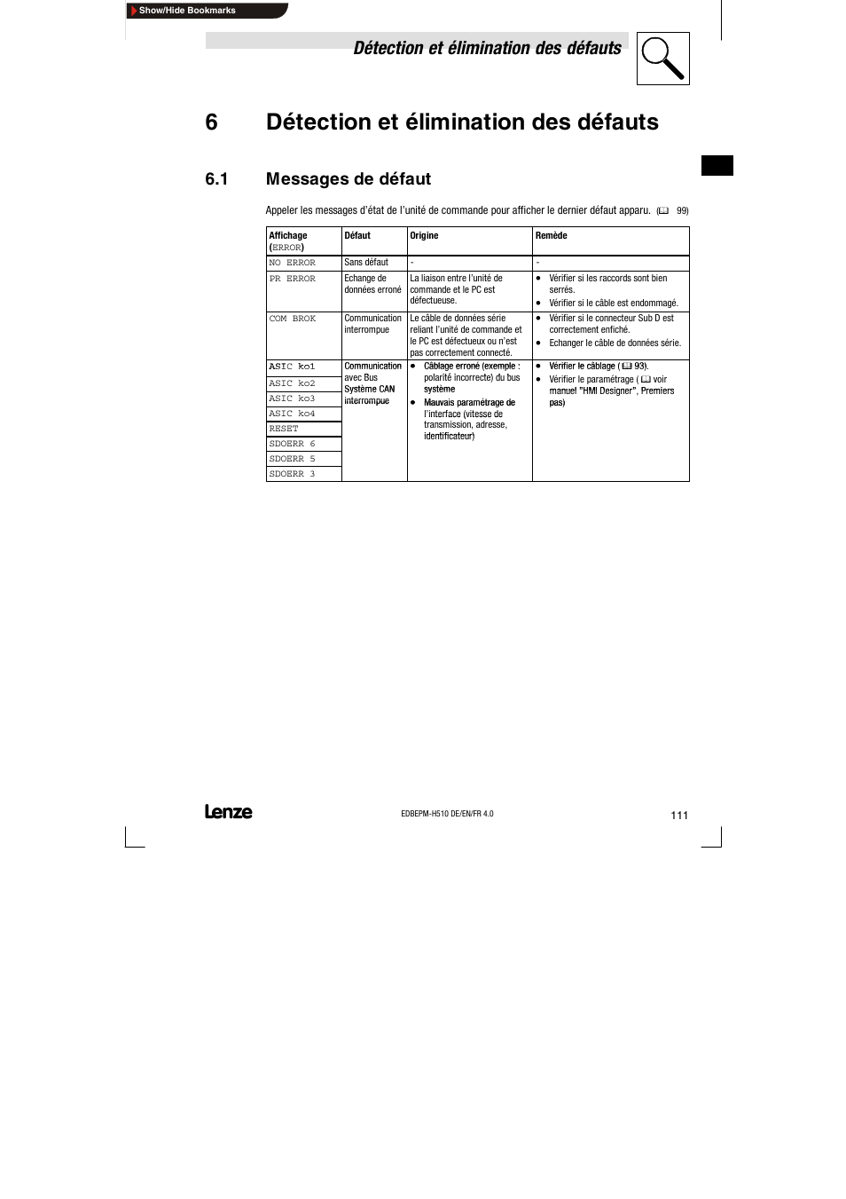 6 détection et élimination des défauts, 1 messages de défaut, Messages de défaut | 6détection et élimination des défauts, Détection et élimination des défauts | Lenze EPM-H510 User Manual | Page 111 / 118