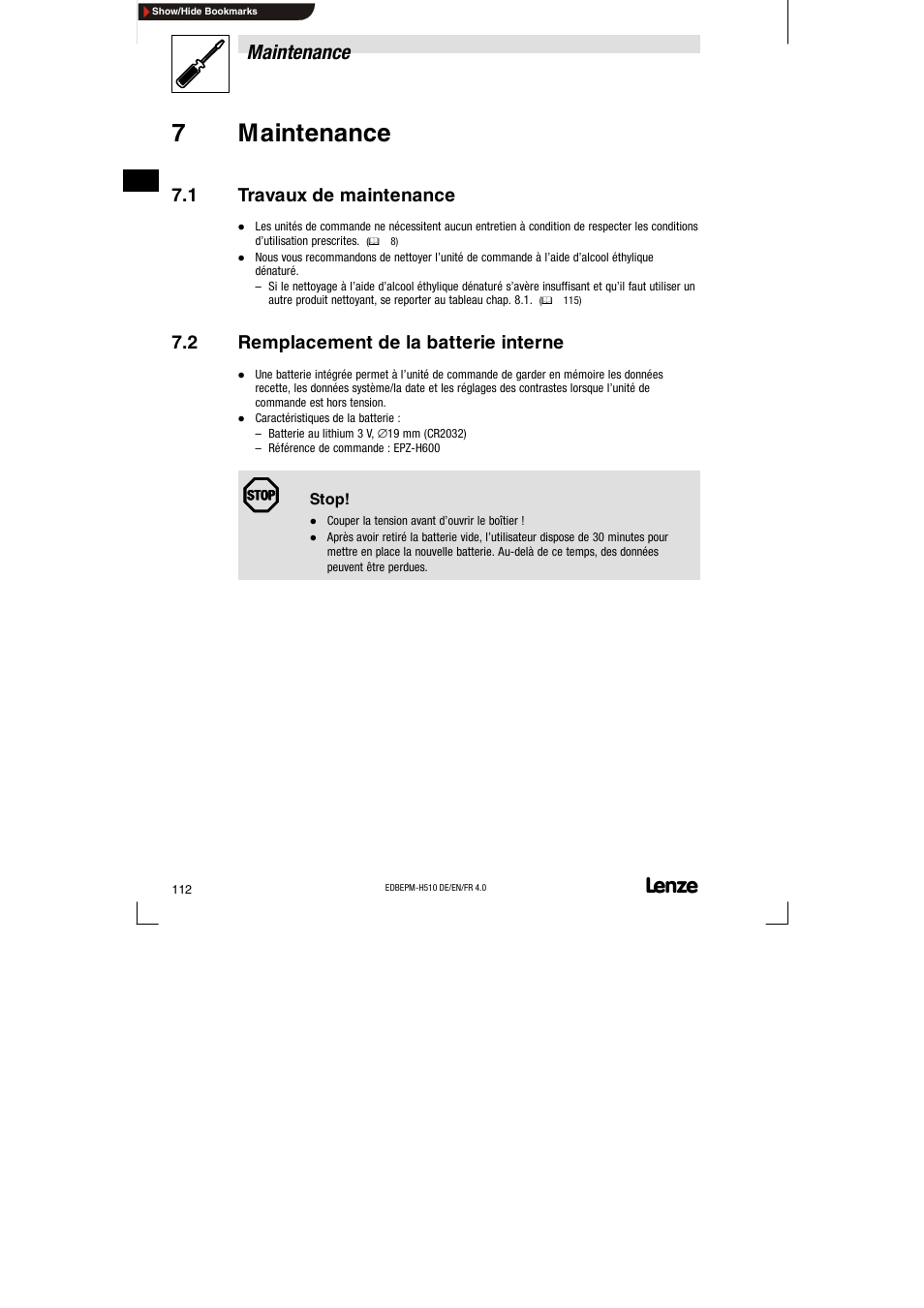 7 maintenance, 1 travaux de maintenance, 2 remplacement de la batterie interne | Travaux de maintenance, Remplacement de la batterie interne, 7maintenance, Maintenance | Lenze EPM-H510 User Manual | Page 112 / 118