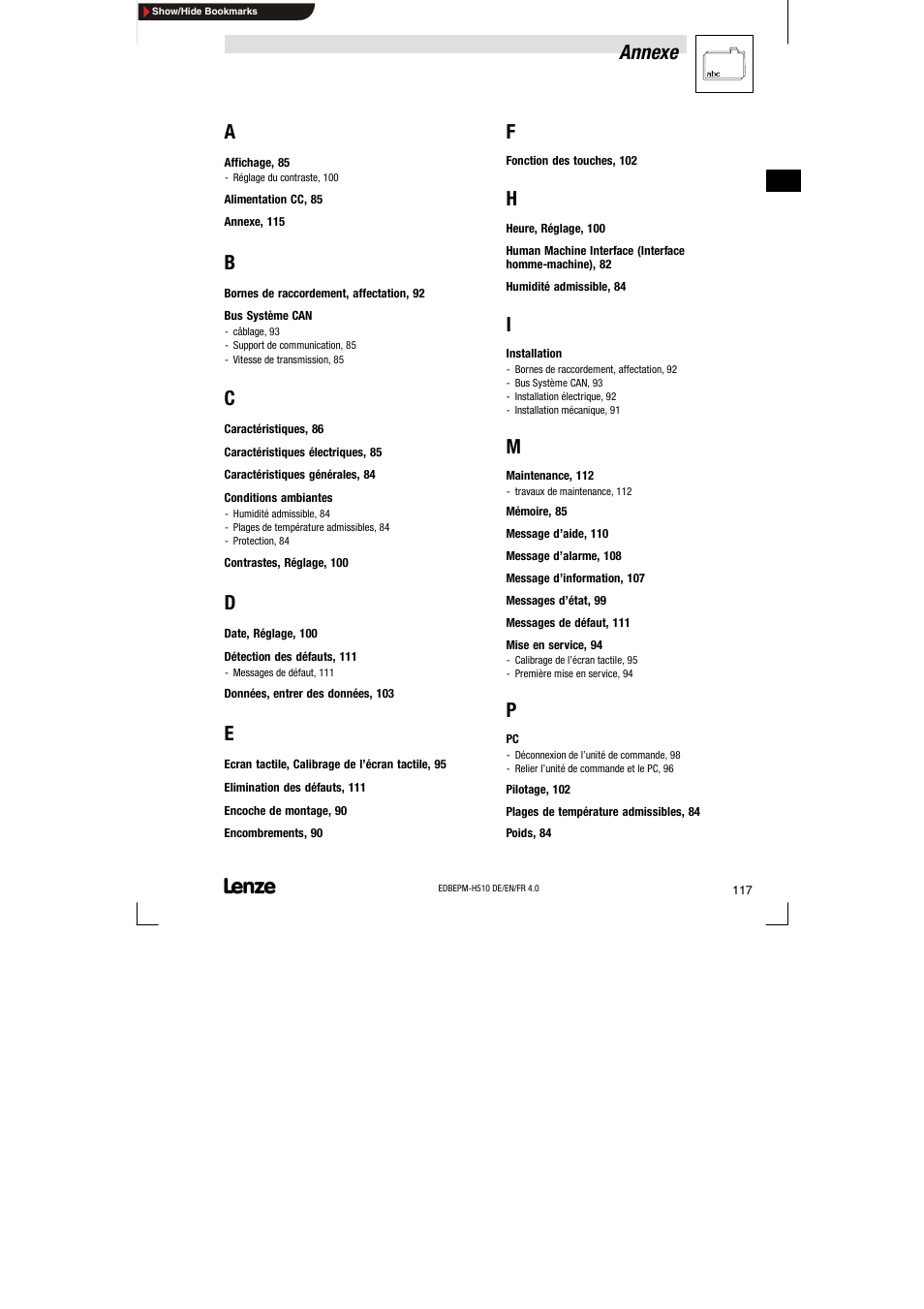 2 index, Index, Annexe | Lenze EPM-H510 User Manual | Page 117 / 118