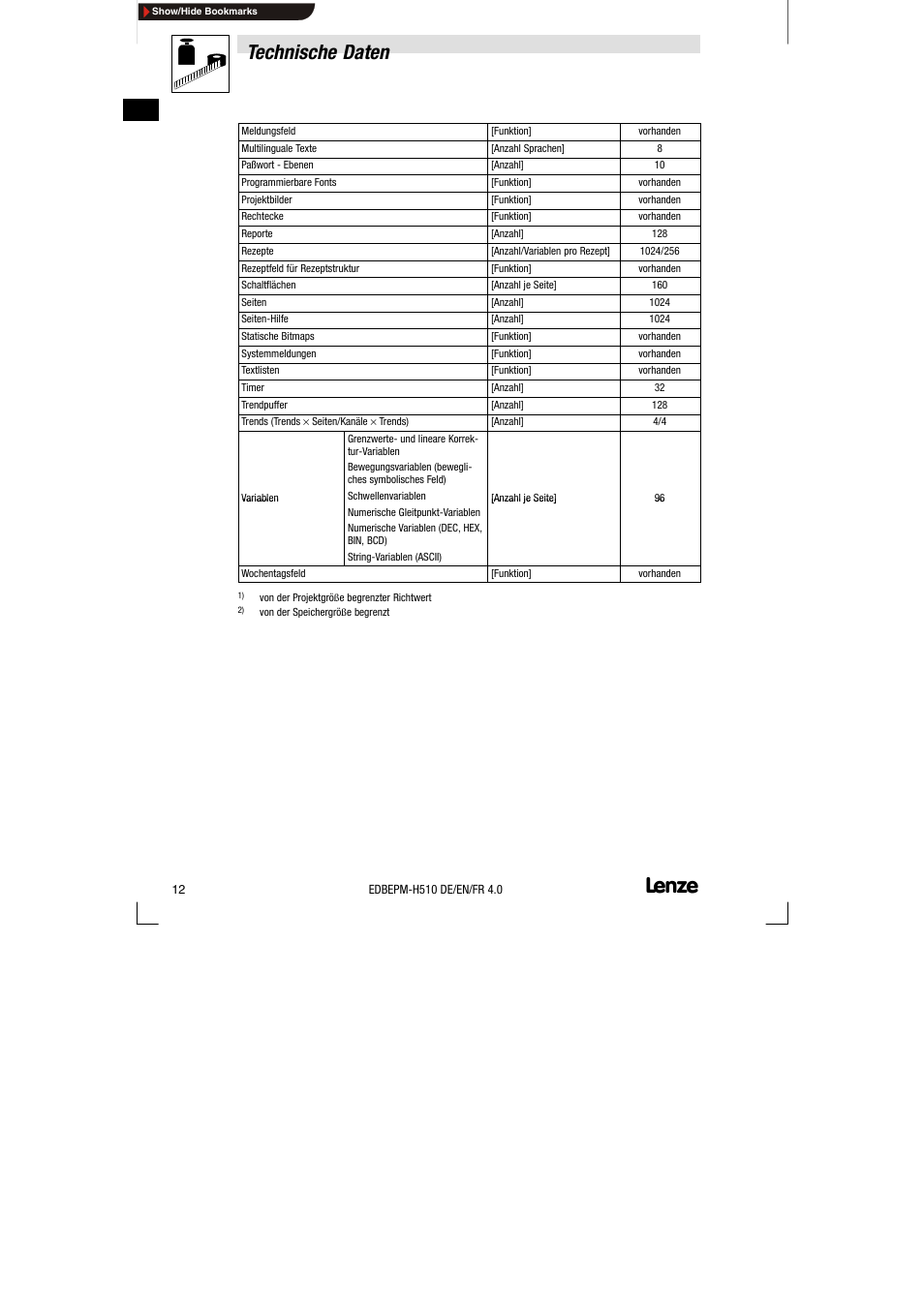 Technische daten | Lenze EPM-H510 User Manual | Page 12 / 118
