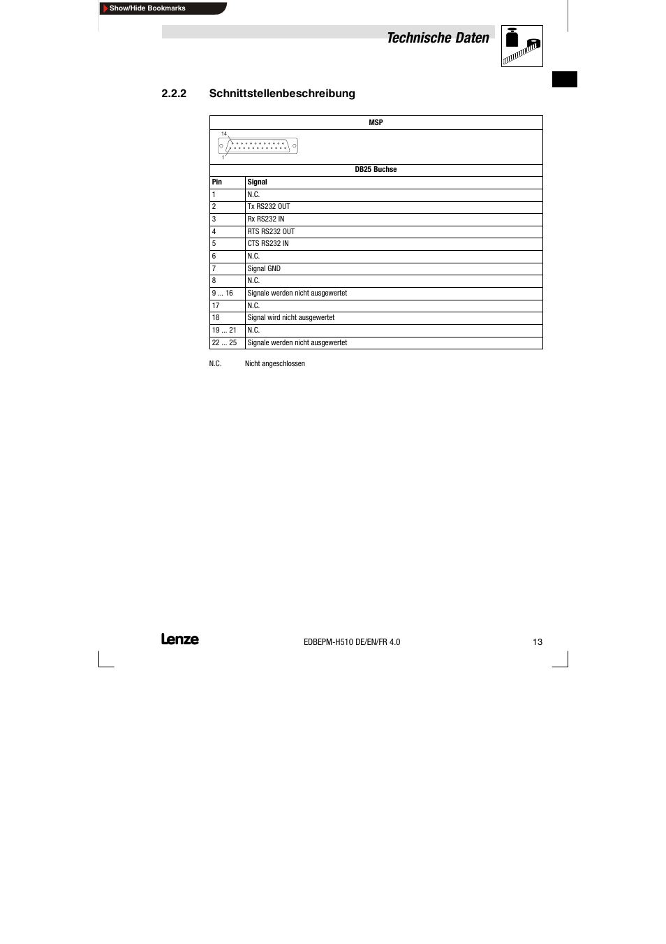2 schnittstellenbeschreibung, Schnittstellenbeschreibung, Technische daten | Lenze EPM-H510 User Manual | Page 13 / 118