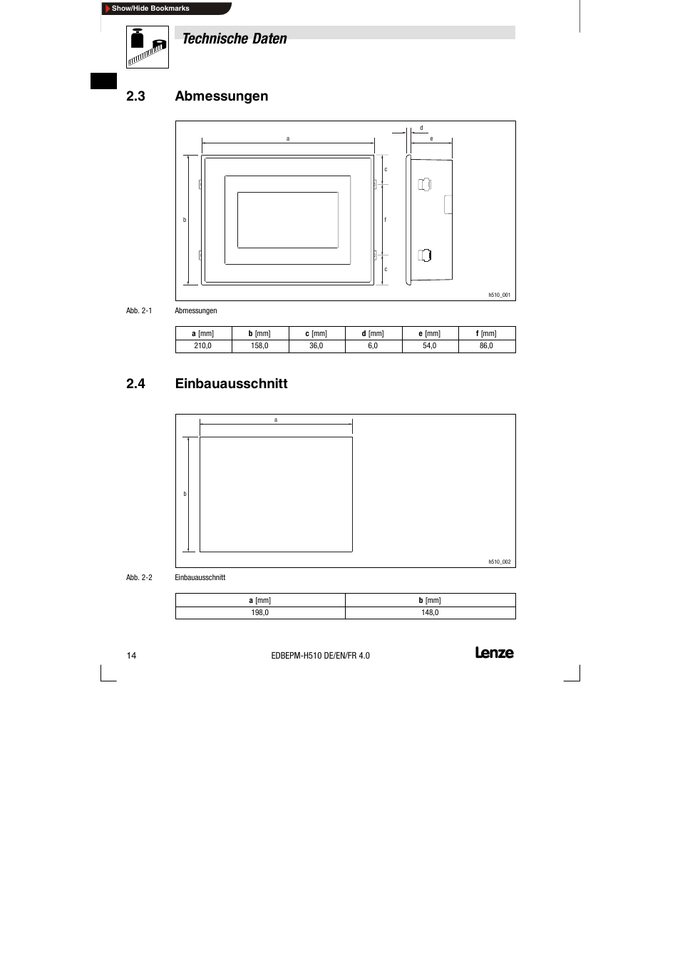 3 abmessungen, 4 einbauausschnitt, Abmessungen | Einbauausschnitt, Technische daten | Lenze EPM-H510 User Manual | Page 14 / 118