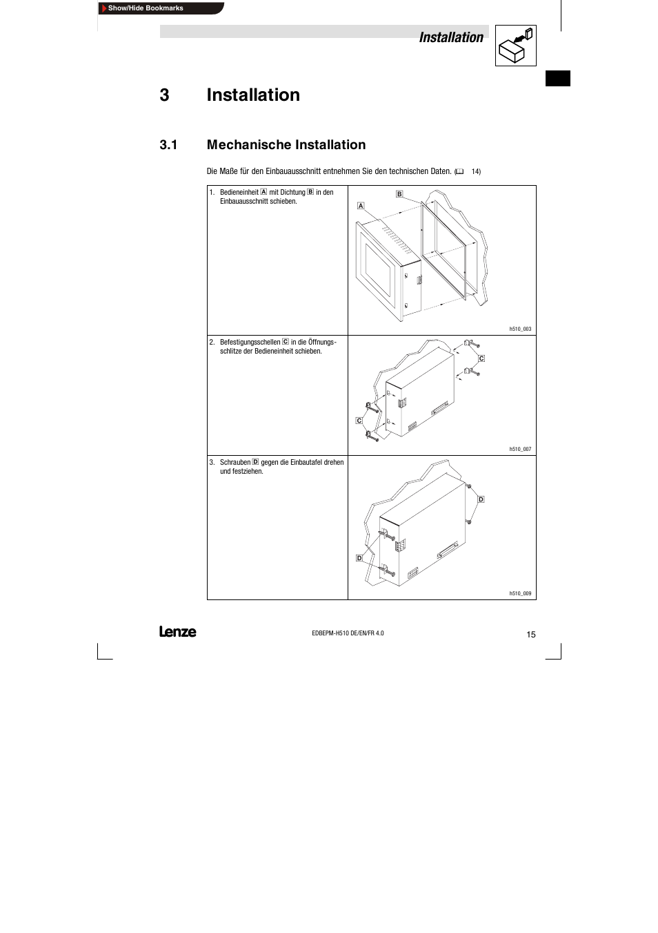 3 installation, 1 mechanische installation, Mechanische installation | 3installation, Installation | Lenze EPM-H510 User Manual | Page 15 / 118