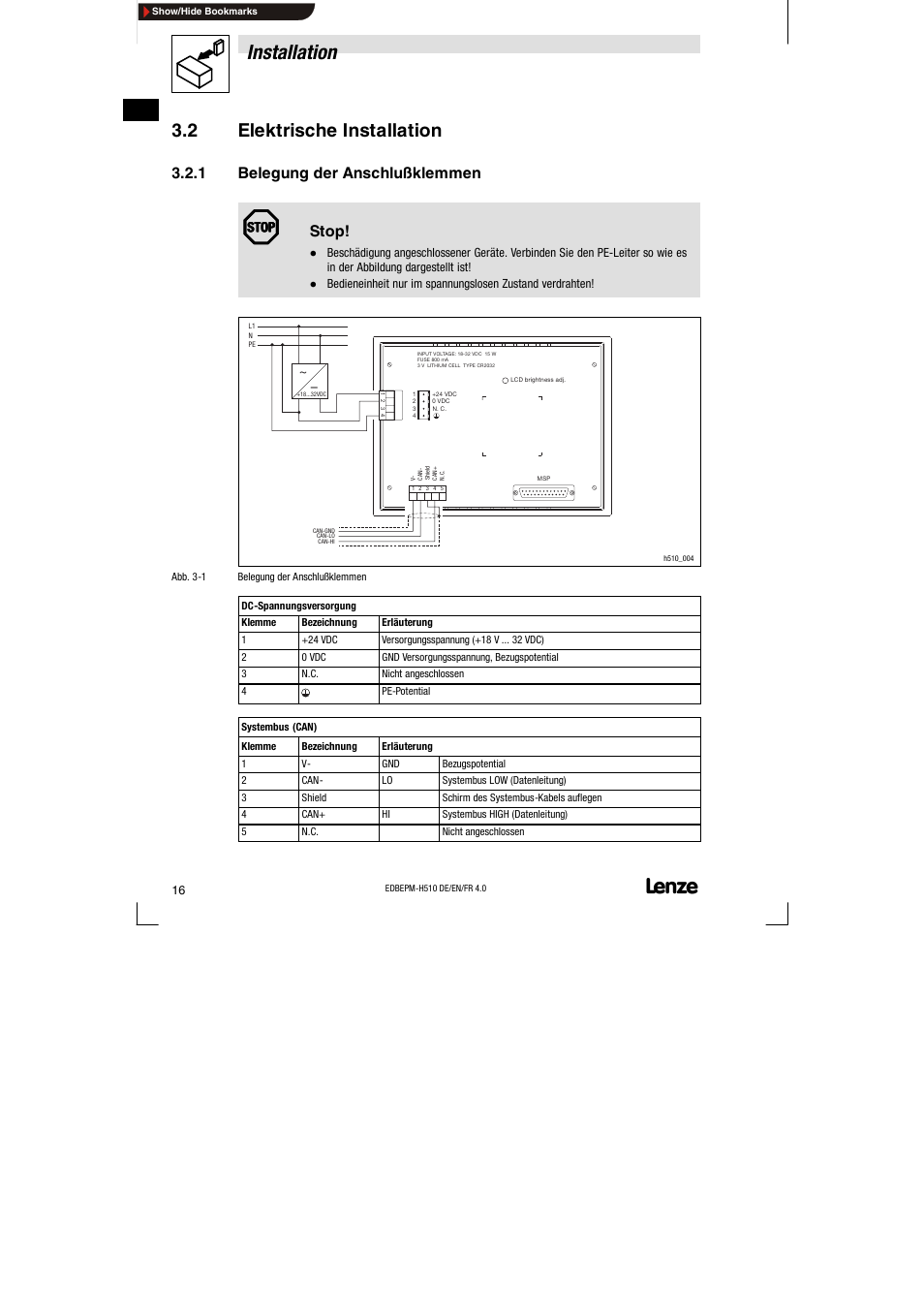 2 elektrische installation, 1 belegung der anschlußklemmen, Elektrische installation | Belegung der anschlußklemmen, Installation, Stop | Lenze EPM-H510 User Manual | Page 16 / 118
