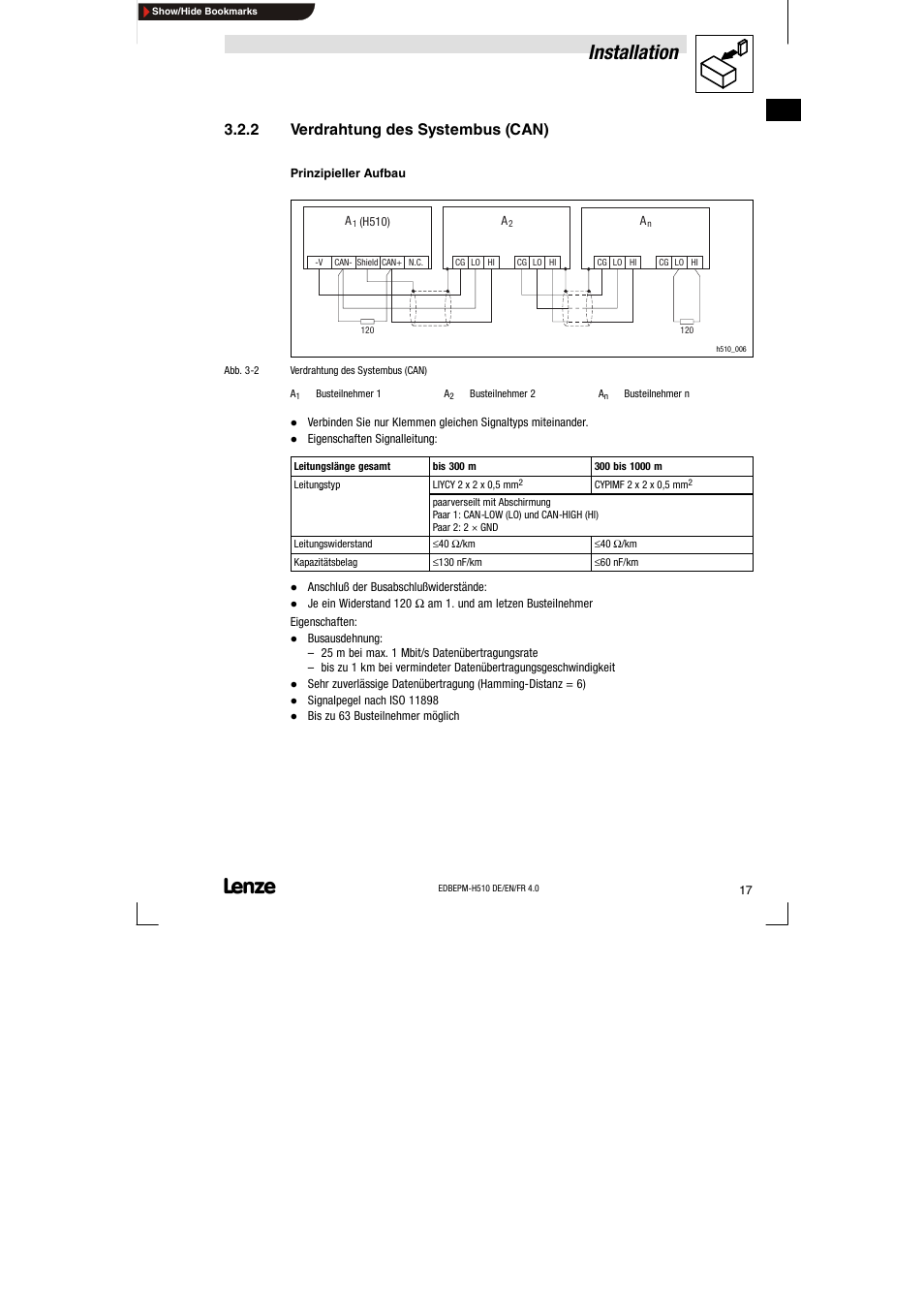2 verdrahtung des systembus (can), Verdrahtung des systembus (can), Installation | Lenze EPM-H510 User Manual | Page 17 / 118