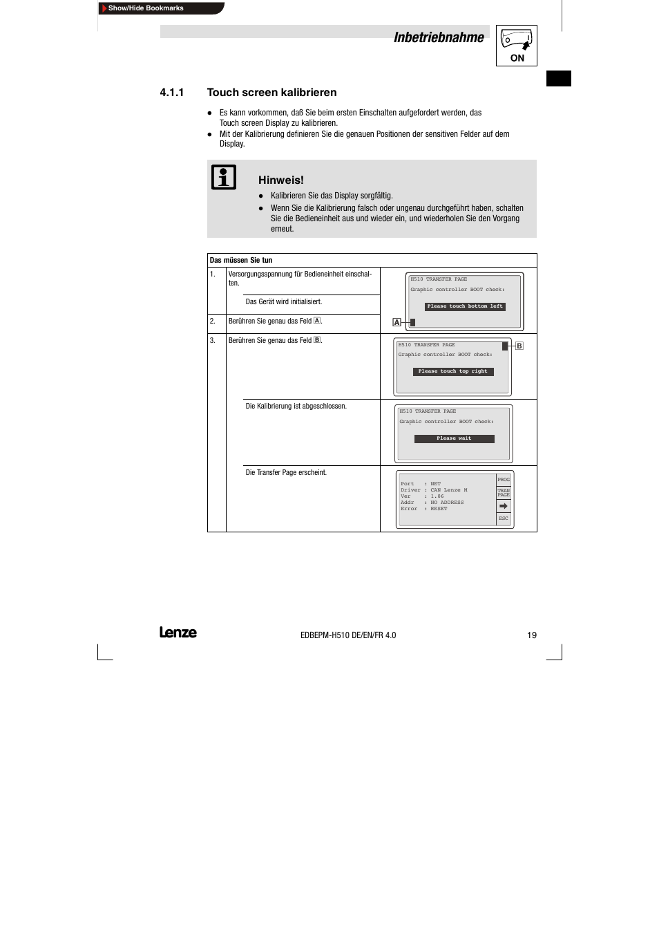 1 touch screen kalibrieren, Touch screen kalibrieren, Inbetriebnahme | Lenze EPM-H510 User Manual | Page 19 / 118