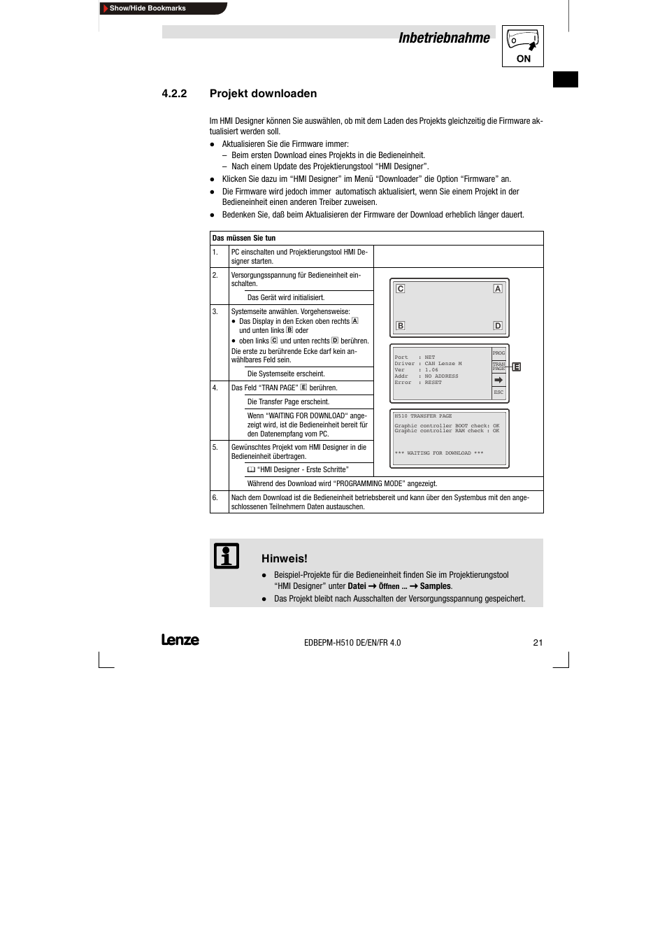 2 projekt downloaden, Projekt downloaden, Inbetriebnahme | Hinweis | Lenze EPM-H510 User Manual | Page 21 / 118