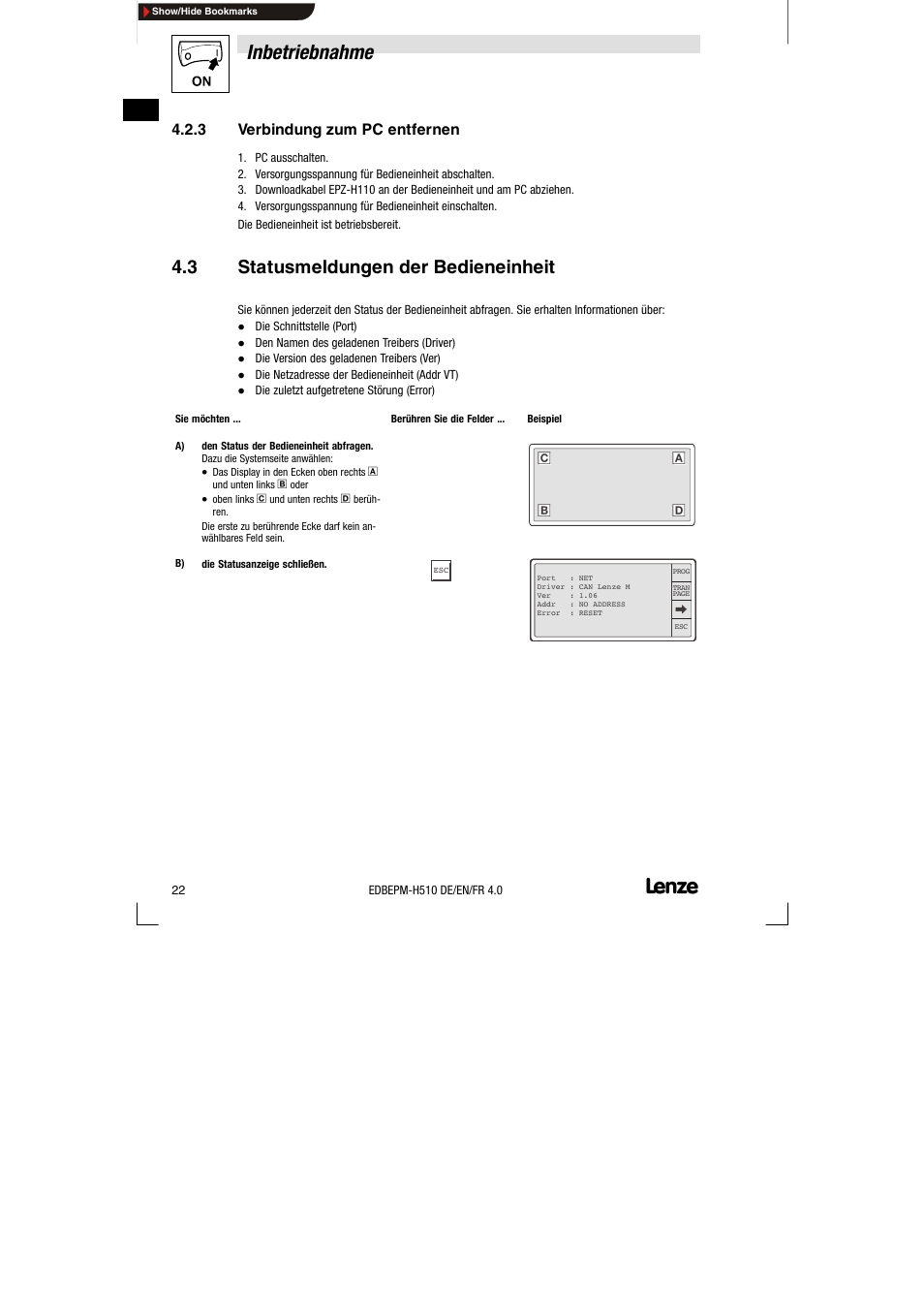 3 verbindung zum pc entfernen, 3 statusmeldungen der bedieneinheit, Verbindung zum pc entfernen | Statusmeldungen der bedieneinheit, Inbetriebnahme | Lenze EPM-H510 User Manual | Page 22 / 118