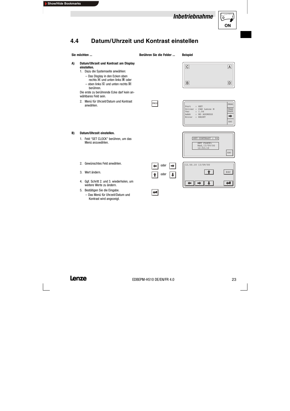 4 datum/uhrzeit und kontrast einstellen, Datum/uhrzeit und kontrast einstellen, Inbetriebnahme | Lenze EPM-H510 User Manual | Page 23 / 118