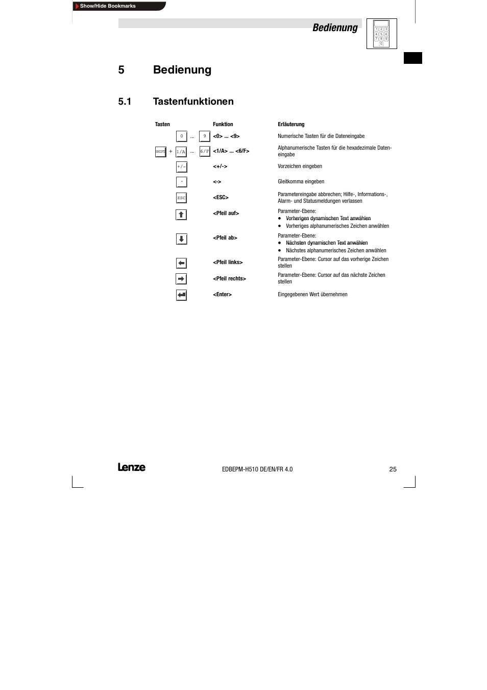 5 bedienung, 1 tastenfunktionen, Tastenfunktionen | 5bedienung, Bedienung | Lenze EPM-H510 User Manual | Page 25 / 118