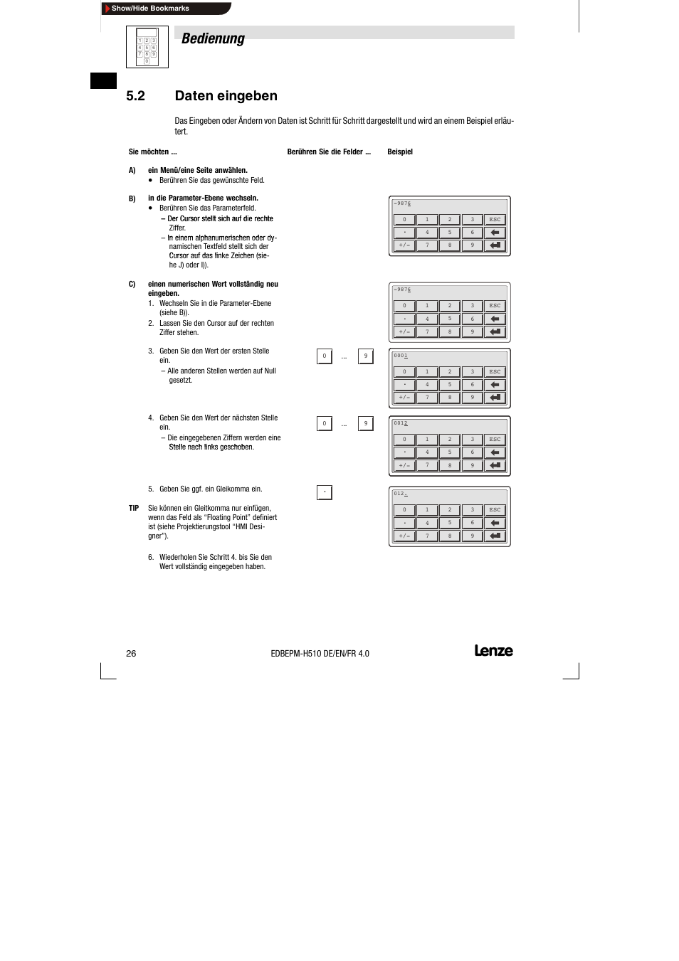 2 daten eingeben, Daten eingeben, Bedienung | Lenze EPM-H510 User Manual | Page 26 / 118