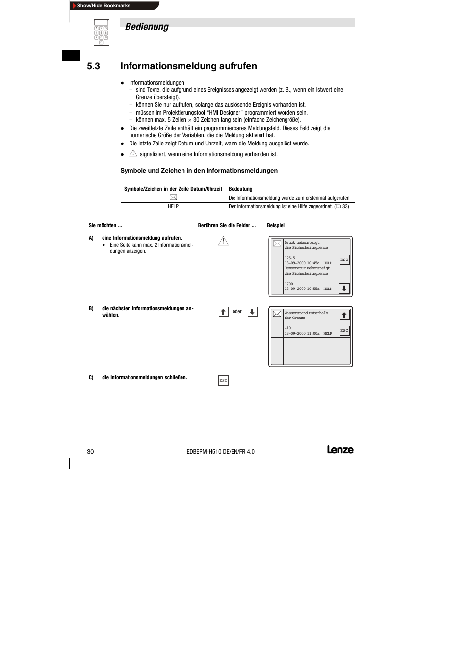 3 informationsmeldung aufrufen, Informationsmeldung aufrufen, Bedienung | Lenze EPM-H510 User Manual | Page 30 / 118