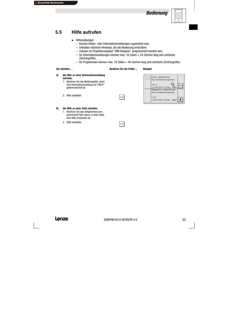5 hilfe aufrufen, Hilfe aufrufen, Bedienung | Lenze EPM-H510 User Manual | Page 33 / 118