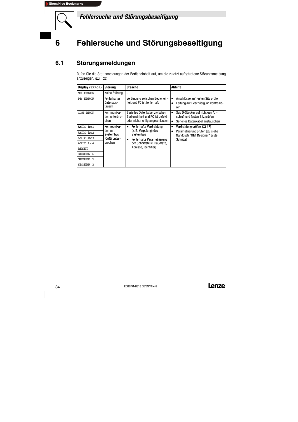 6 fehlersuche und störungsbeseitigung, 1 störungsmeldungen, Störungsmeldungen | 6fehlersuche und störungsbeseitigung, Fehlersuche und störungsbeseitigung | Lenze EPM-H510 User Manual | Page 34 / 118
