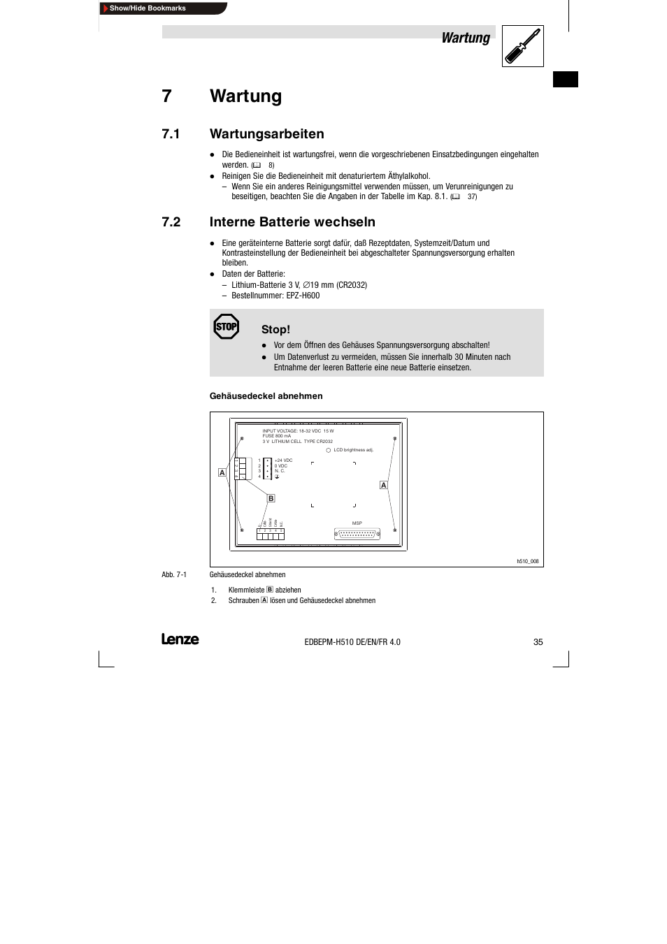 7 wartung, 1 wartungsarbeiten, 2 interne batterie wechseln | Wartungsarbeiten, Interne batterie wechseln, 7wartung, Wartung, Stop | Lenze EPM-H510 User Manual | Page 35 / 118