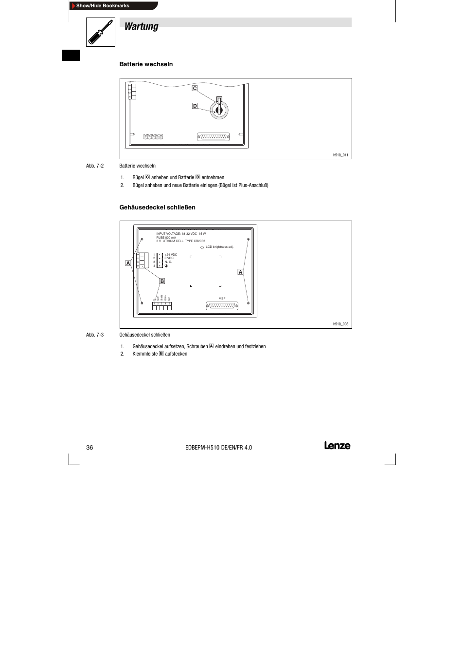 Wartung | Lenze EPM-H510 User Manual | Page 36 / 118