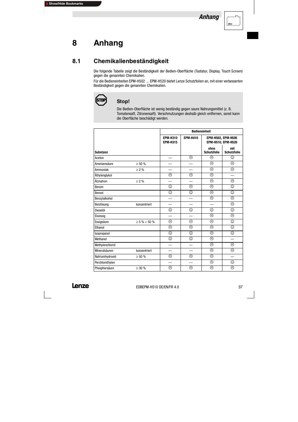 8 anhang, 1 chemikalienbeständigkeit, Chemikalienbeständigkeit | 8anhang, Anhang | Lenze EPM-H510 User Manual | Page 37 / 118