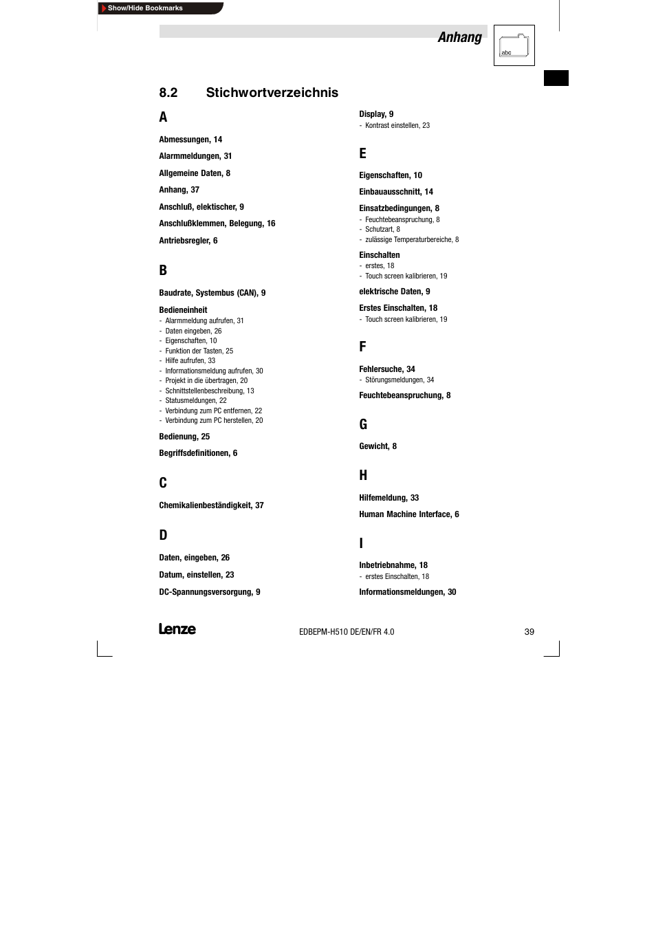 2 stichwortverzeichnis, Stichwortverzeichnis, Anhang | Lenze EPM-H510 User Manual | Page 39 / 118