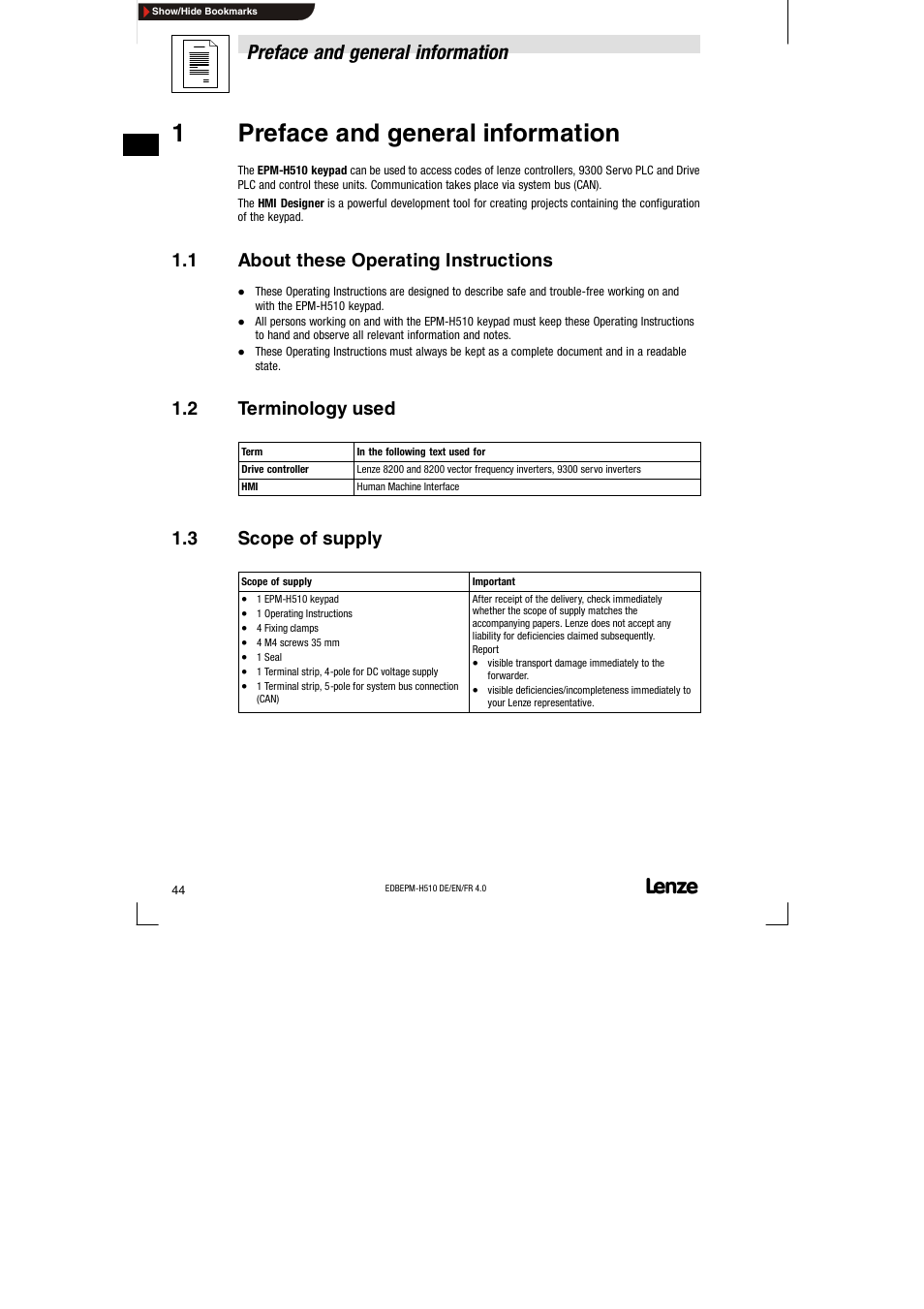 1 preface and general information, 1 about these operating instructions, 2 terminology used | 3 scope of supply, About these operating instructions, Terminology used, Scope of supply, 1preface and general information, Preface and general information | Lenze EPM-H510 User Manual | Page 44 / 118
