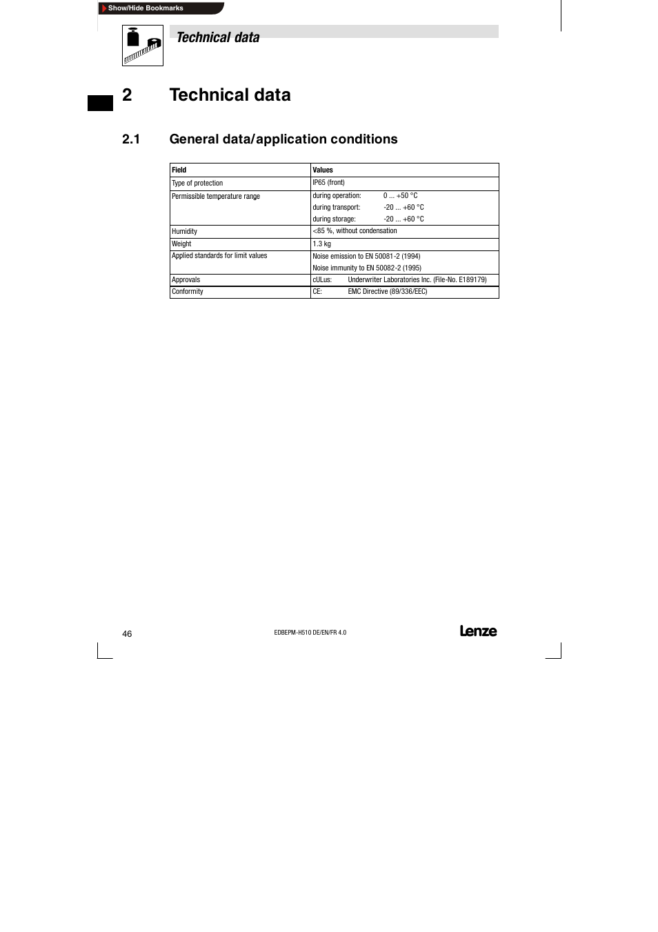2 technical data, 1 general data/application conditions, General data/application conditions | 2technical data, Technical data, 1 general data/ application conditions | Lenze EPM-H510 User Manual | Page 46 / 118