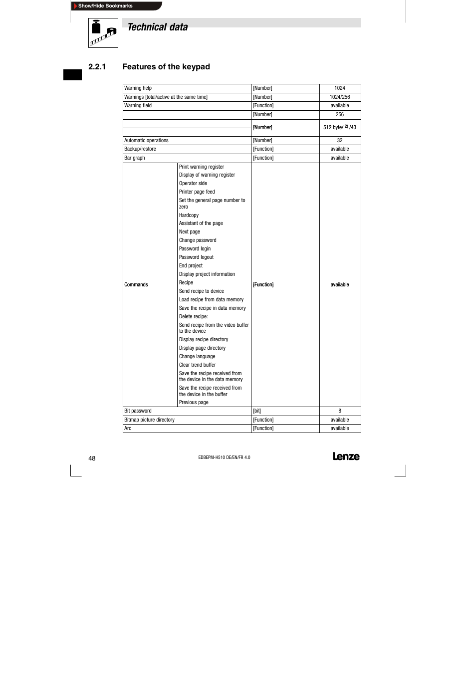 1 features of the keypad, Features of the keypad, Technical data | Lenze EPM-H510 User Manual | Page 48 / 118