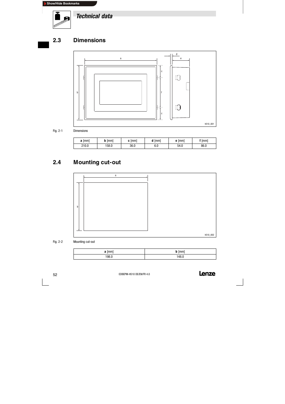 3 dimensions, 4 mounting cut-out, Dimensions | Mounting cut-out, Technical data | Lenze EPM-H510 User Manual | Page 52 / 118