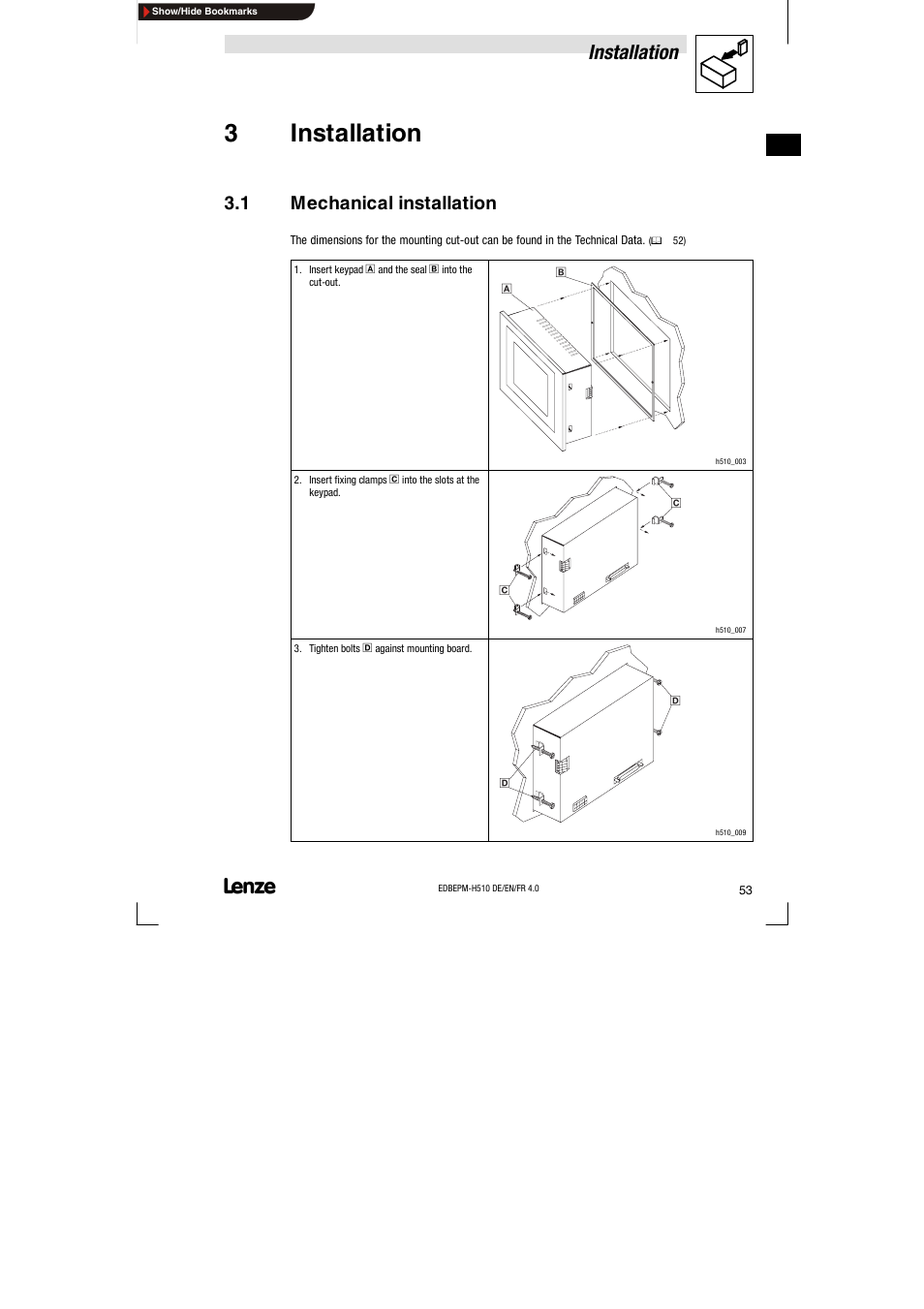 3 installation, 1 mechanical installation, Mechanical installation | 3installation, Installation | Lenze EPM-H510 User Manual | Page 53 / 118