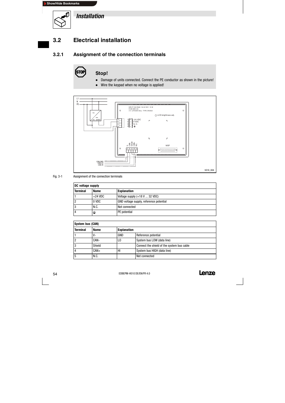 2 electrical installation, 1 assignment of the connection terminals, Electrical installation | Assignment of the connection terminals, Installation, Stop | Lenze EPM-H510 User Manual | Page 54 / 118