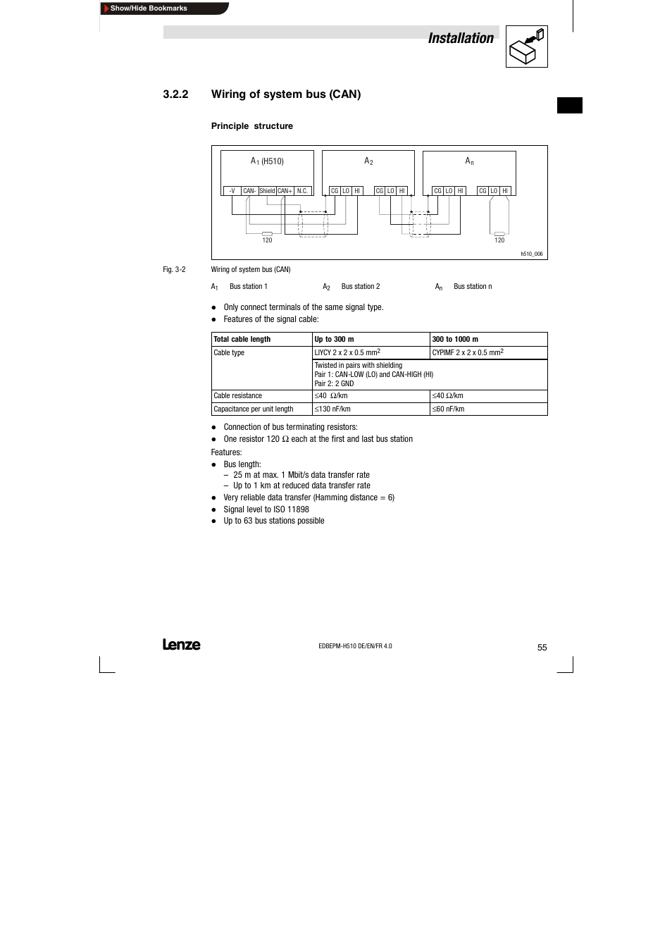 2 wiring of system bus (can), Wiring of system bus (can), Installation | Lenze EPM-H510 User Manual | Page 55 / 118