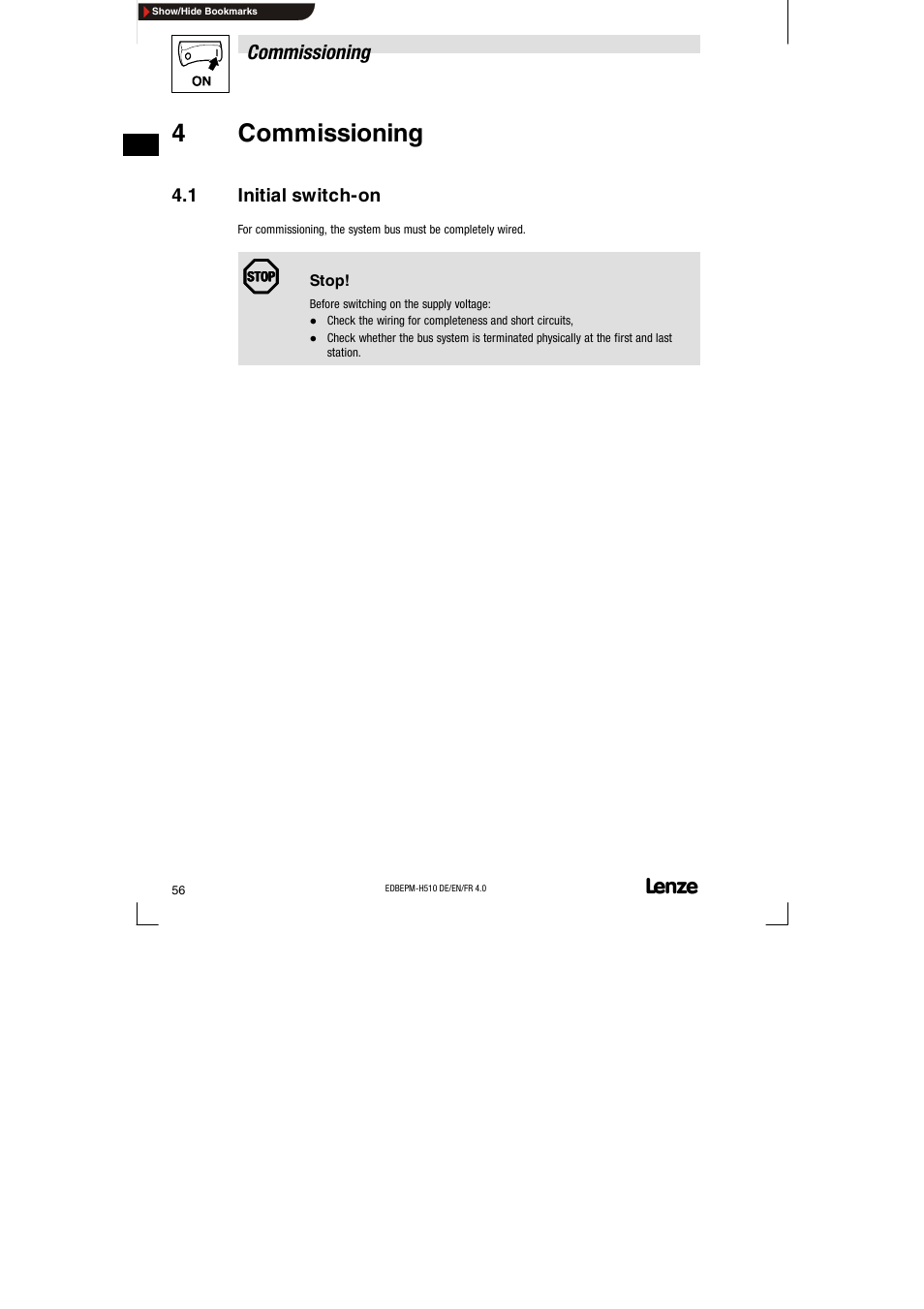 4 commissioning, 1 initial switch-on, Initial switch-on | 4commissioning | Lenze EPM-H510 User Manual | Page 56 / 118