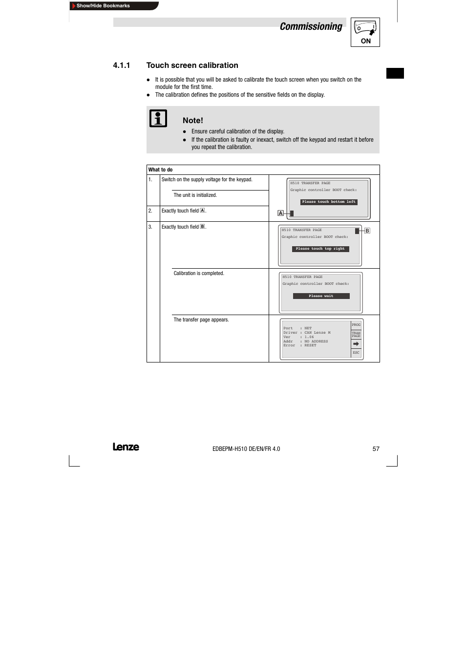 1 touch screen calibration, Touch screen calibration, Commissioning | Lenze EPM-H510 User Manual | Page 57 / 118