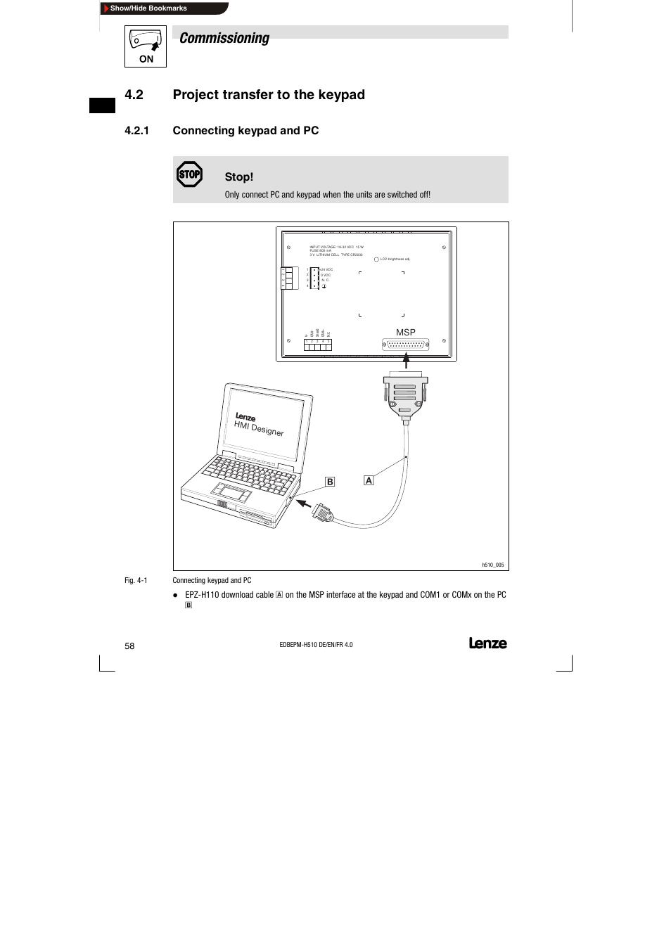 2 project transfer to the keypad, 1 connecting keypad and pc, Project transfer to the keypad | Connecting keypad and pc, Commissioning | Lenze EPM-H510 User Manual | Page 58 / 118