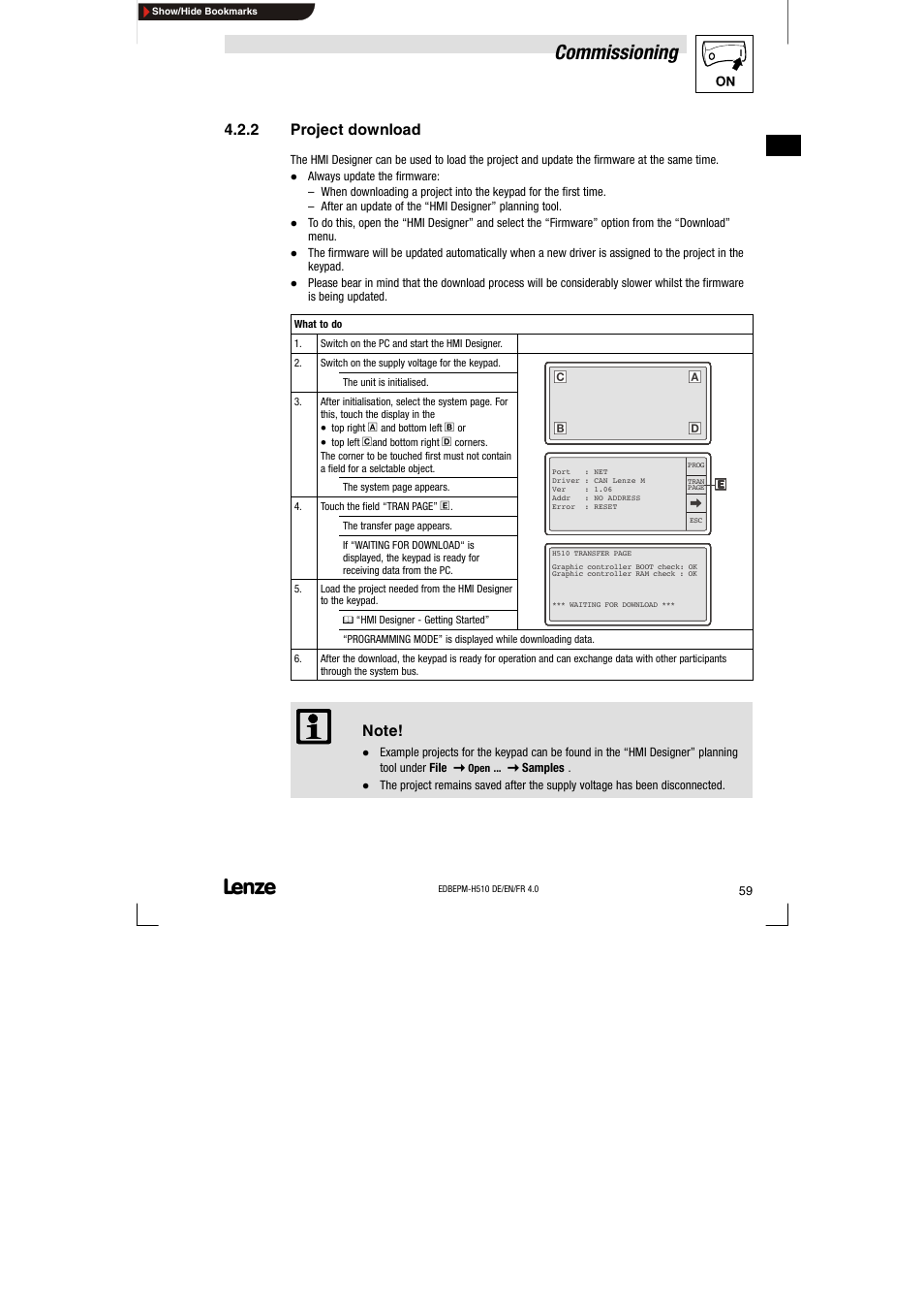 2 project download, Project download, Commissioning | Lenze EPM-H510 User Manual | Page 59 / 118