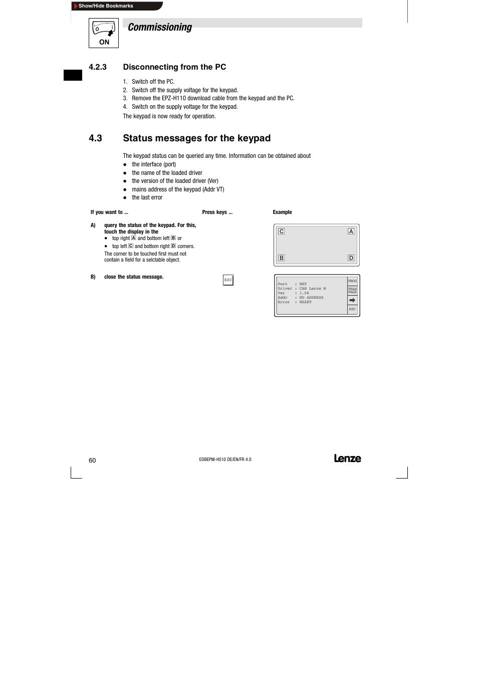 3 disconnecting from the pc, 3 status messages for the keypad, Disconnecting from the pc | Status messages for the keypad, Commissioning | Lenze EPM-H510 User Manual | Page 60 / 118