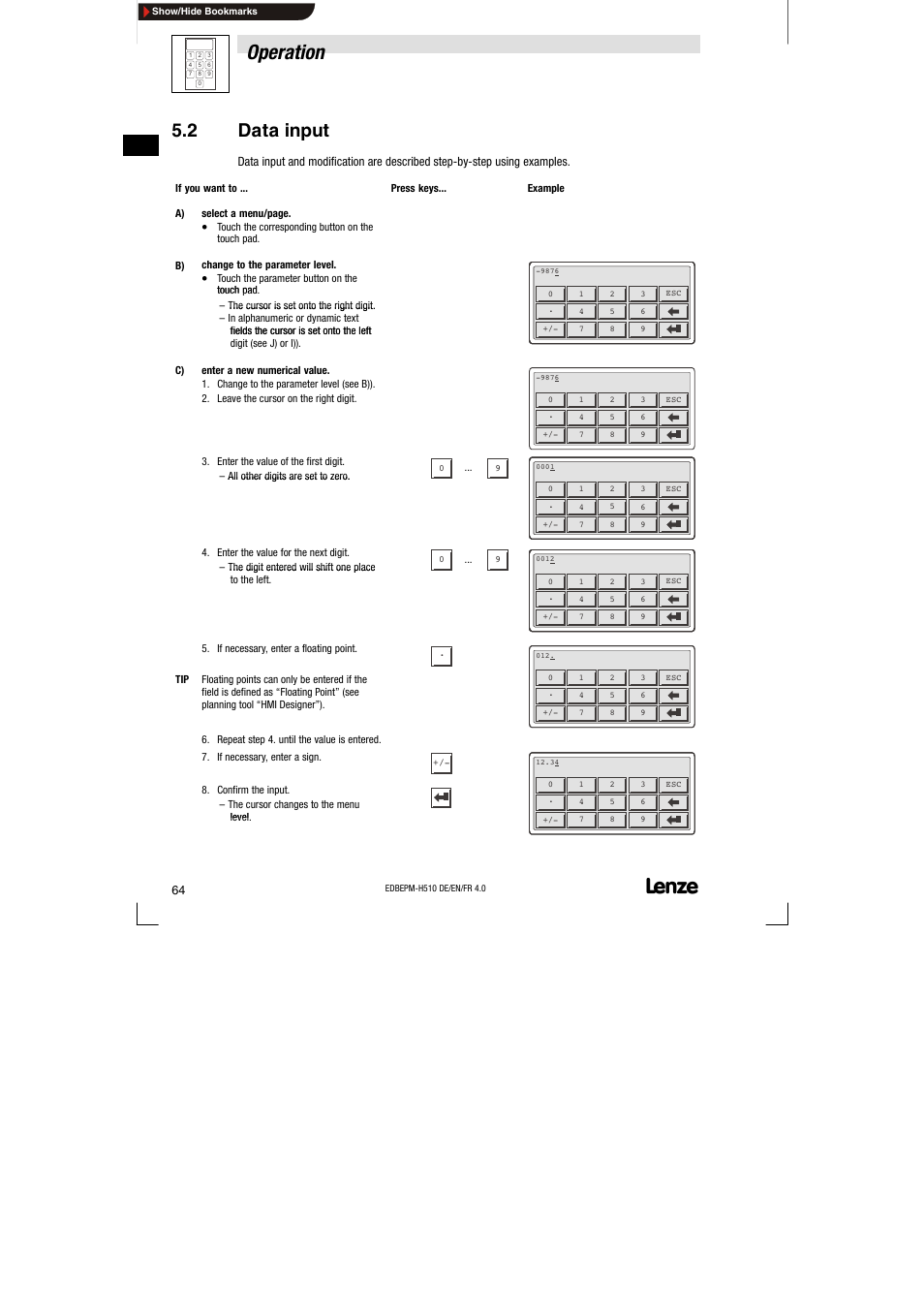 2 data input, Data input, Operation | Lenze EPM-H510 User Manual | Page 64 / 118