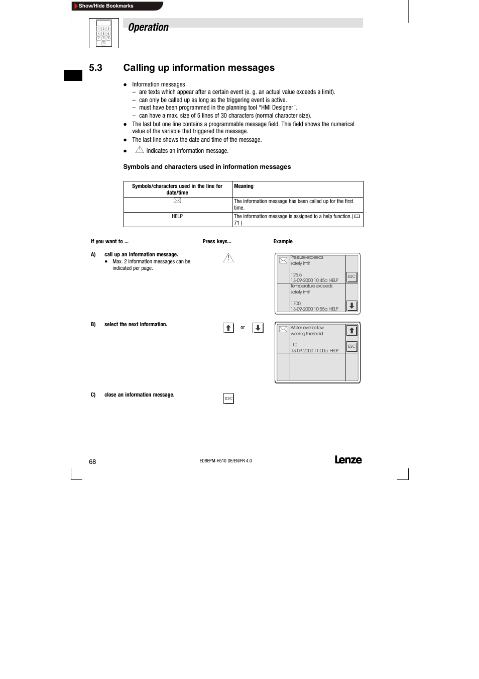3 calling up information messages, Calling up information messages, Operation | Lenze EPM-H510 User Manual | Page 68 / 118
