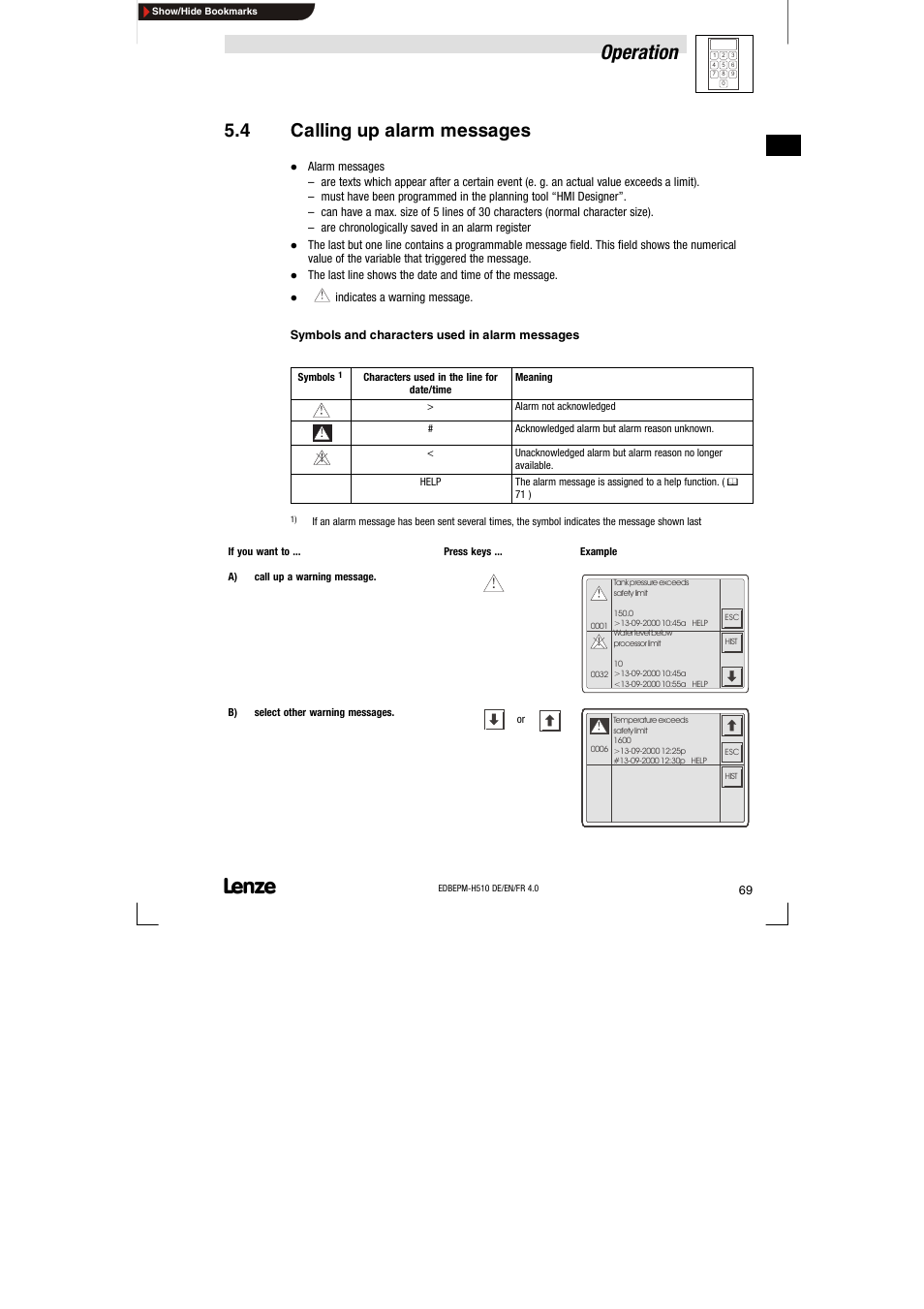 4 calling up alarm messages, Calling up alarm messages, Operation | Lenze EPM-H510 User Manual | Page 69 / 118