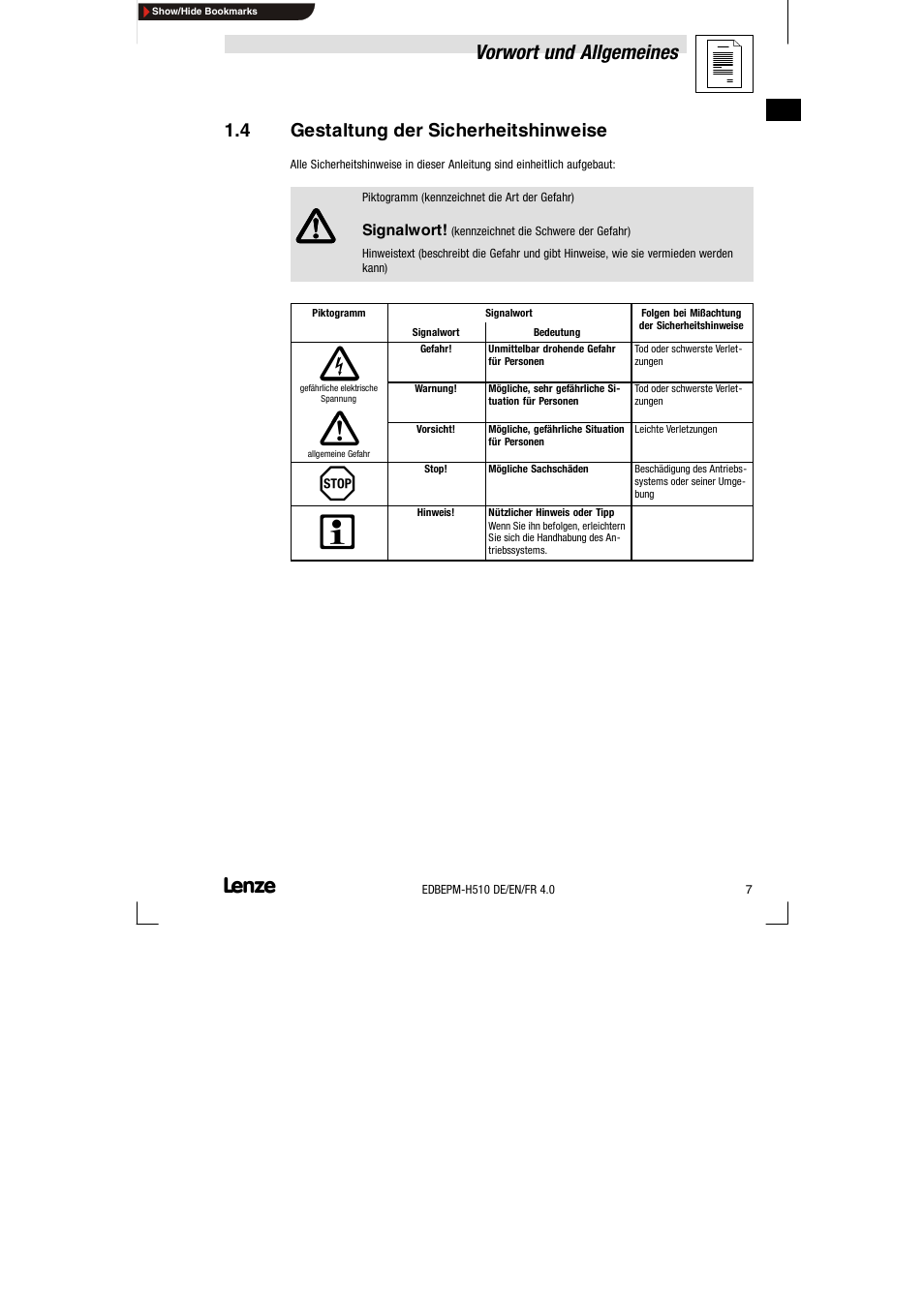 4 gestaltung der sicherheitshinweise, Gestaltung der sicherheitshinweise, Vorwort und allgemeines | Lenze EPM-H510 User Manual | Page 7 / 118