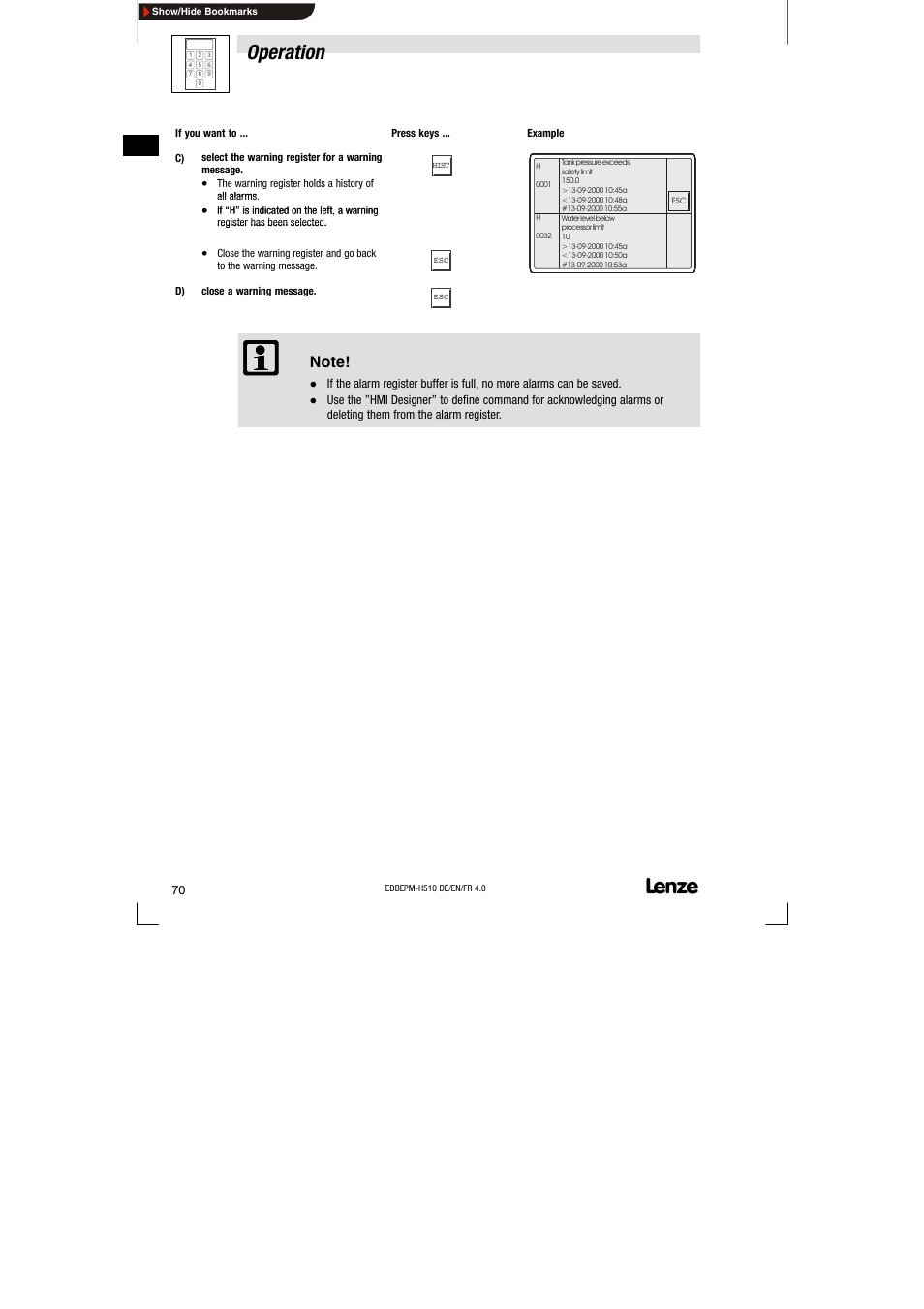 Operation | Lenze EPM-H510 User Manual | Page 70 / 118