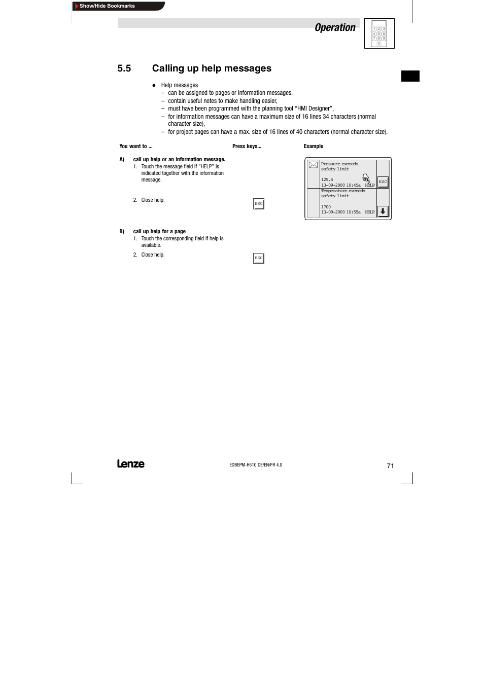 5 calling up help messages, Calling up help messages, Operation | Lenze EPM-H510 User Manual | Page 71 / 118