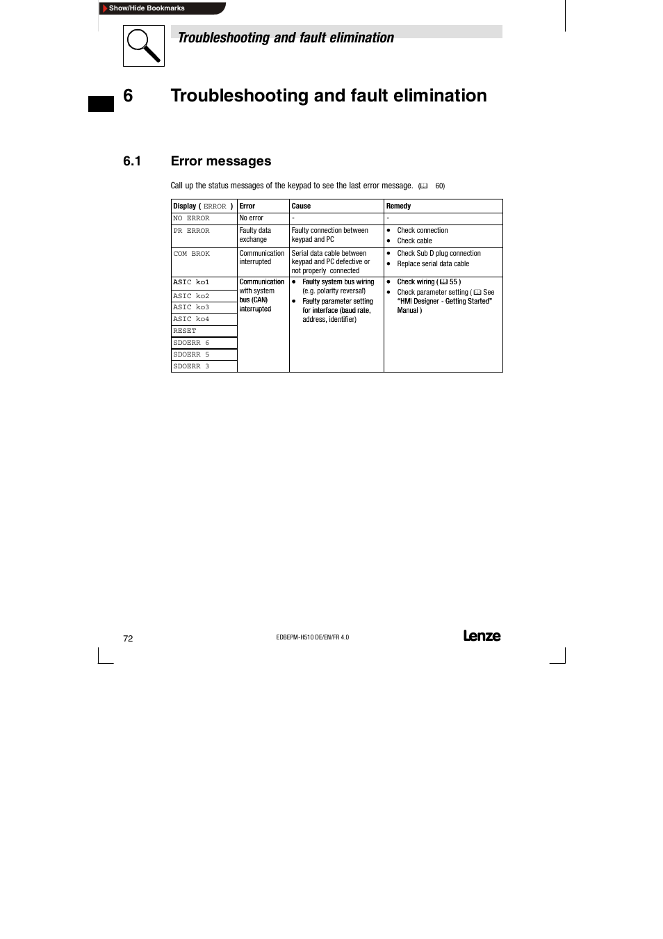 6 troubleshooting and fault elimination, 1 error messages, Error messages | 6troubleshooting and fault elimination, Troubleshooting and fault elimination | Lenze EPM-H510 User Manual | Page 72 / 118