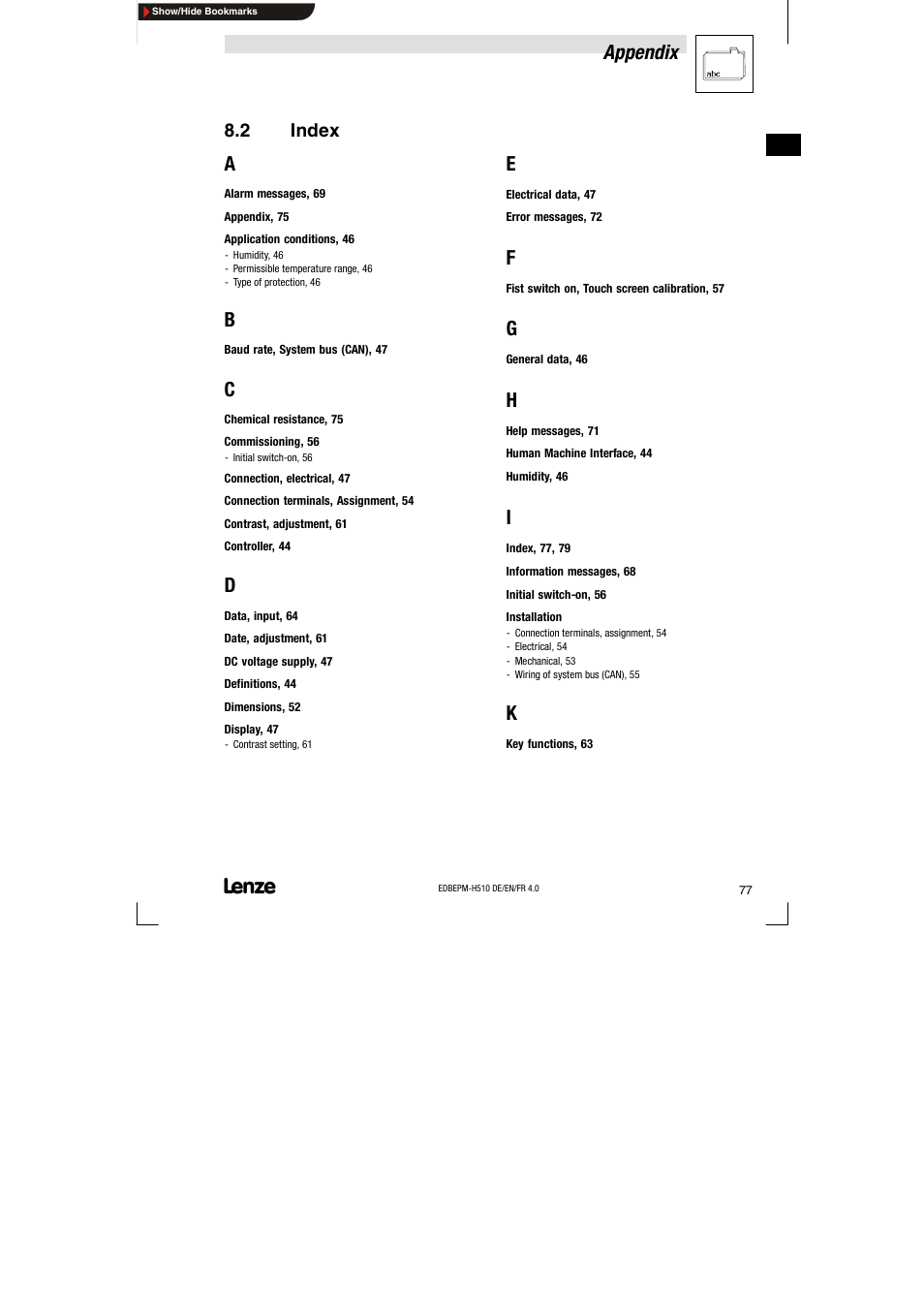 2 index, Index, Appendix | Lenze EPM-H510 User Manual | Page 77 / 118