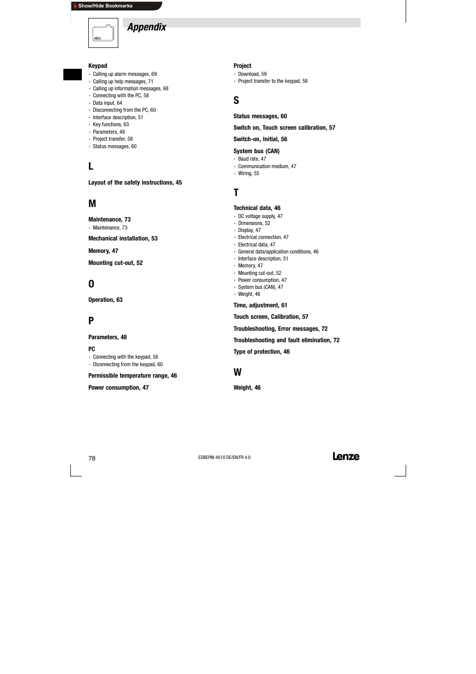Appendix | Lenze EPM-H510 User Manual | Page 78 / 118