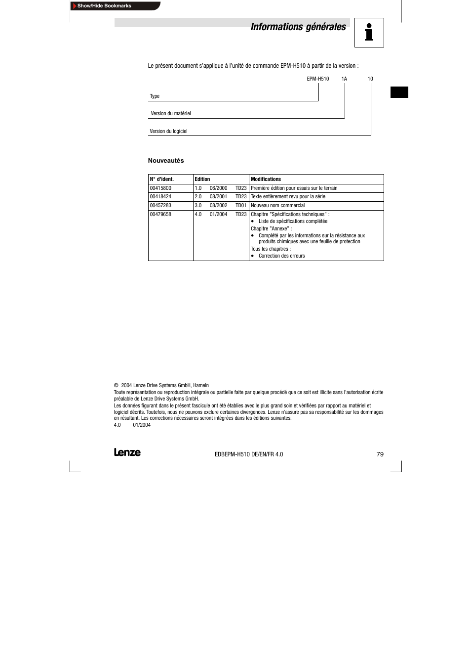 Informations générales | Lenze EPM-H510 User Manual | Page 79 / 118